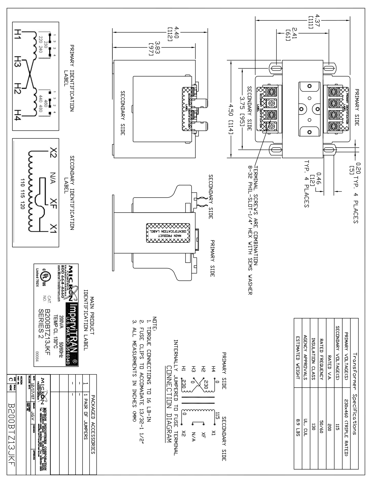 Micron Industries B200BTZ13JKF Specification Sheet