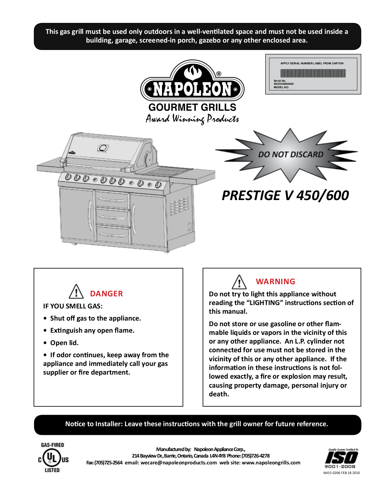 Napoleon Pf600, Pf450 Owner's Manual