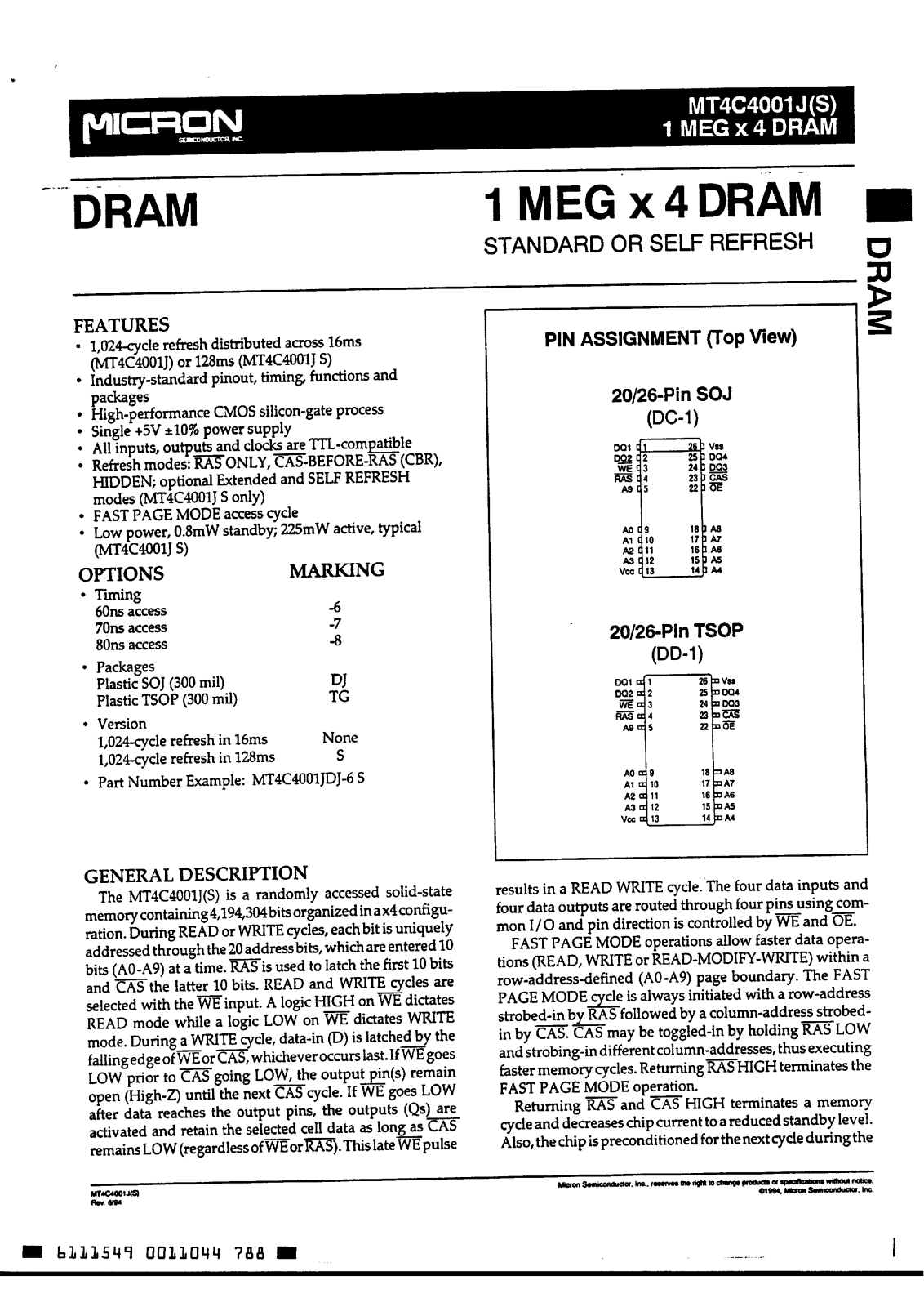 MICRON MT4C4001JTG-8S, MT4C4001JTG-7S, MT4C4001JTG-6S, MT4C4001JDJ-8S, MT4C4001JDJ-7S Datasheet