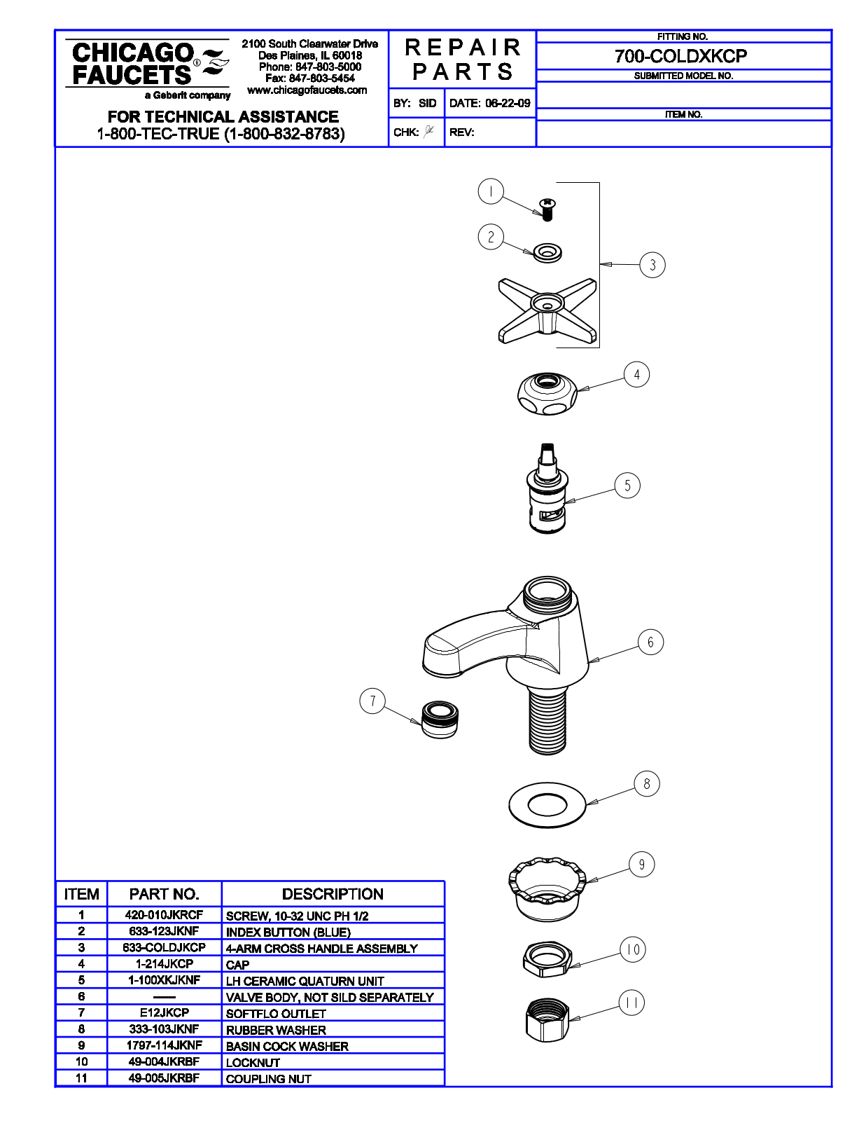 Chicago Faucet 700-COLDXKCP Parts List