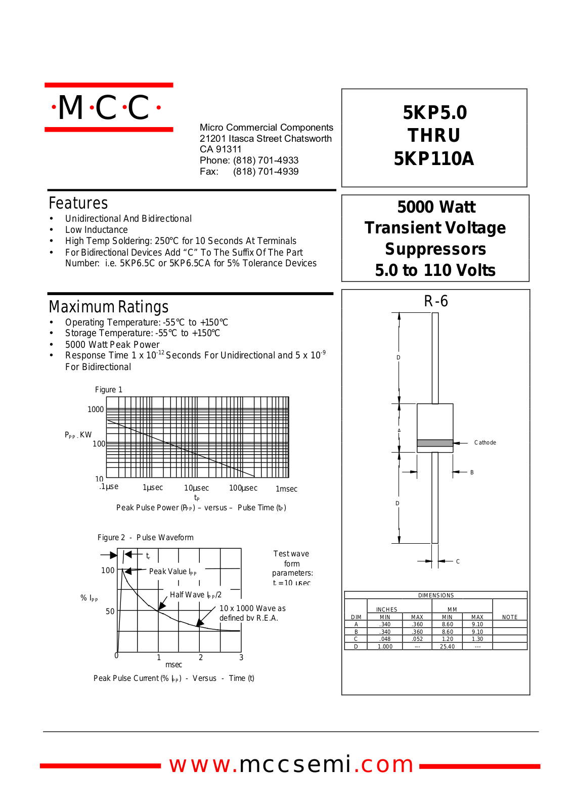 MCC 5KP90CA, 5KP90C, 5KP90, 5KP85C, 5KP85CA Datasheet