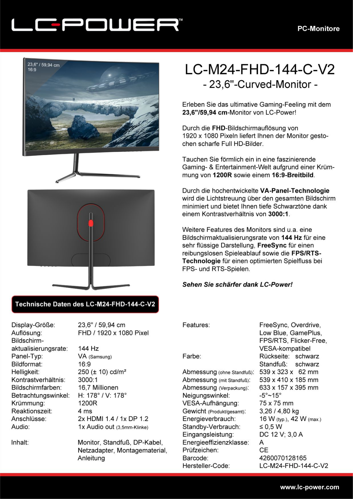 LC-Power LC-M24-FHD-144-C-V2 Technical data