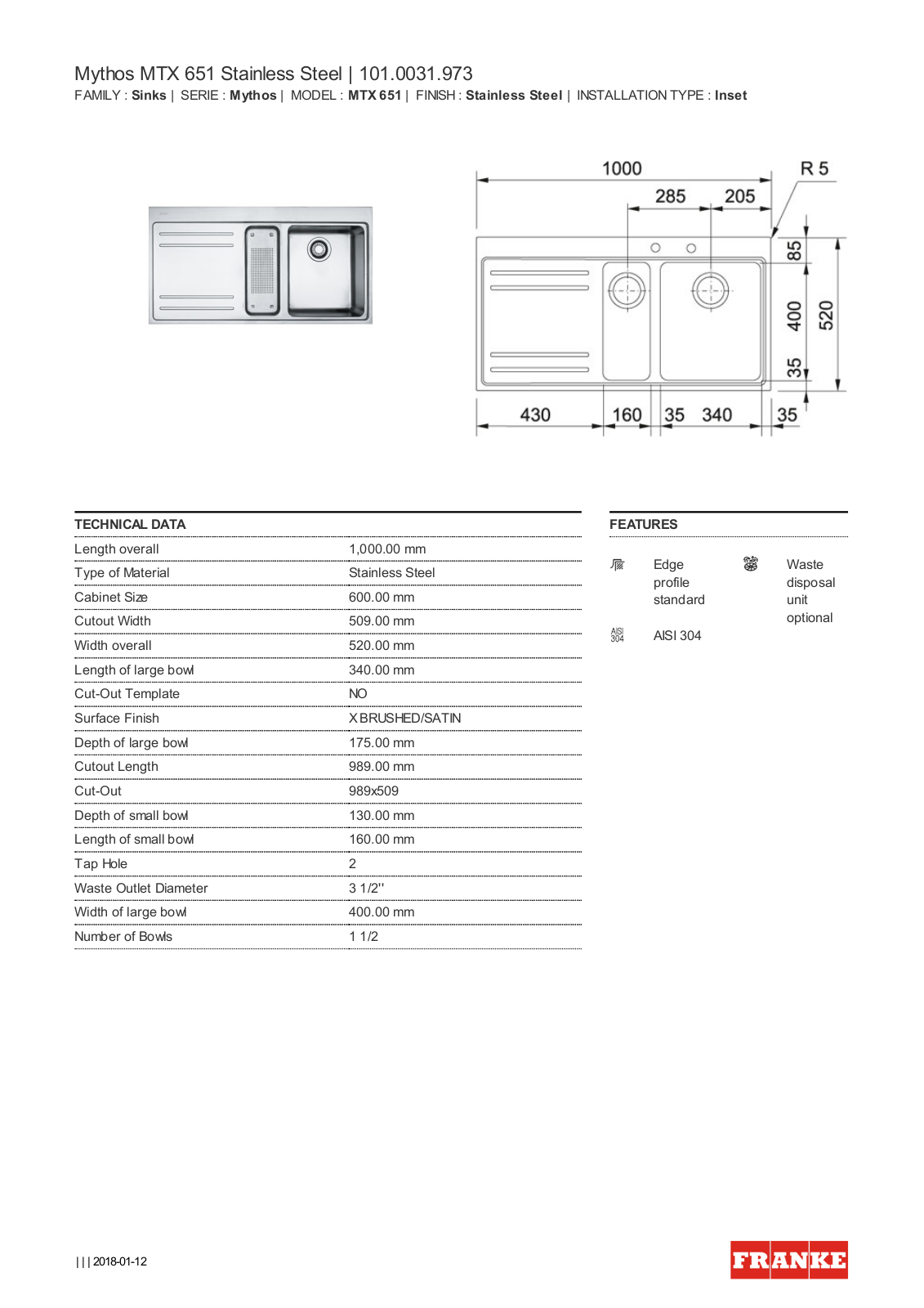 Franke MTX651LHD, MTX651RHD Specifications Sheet