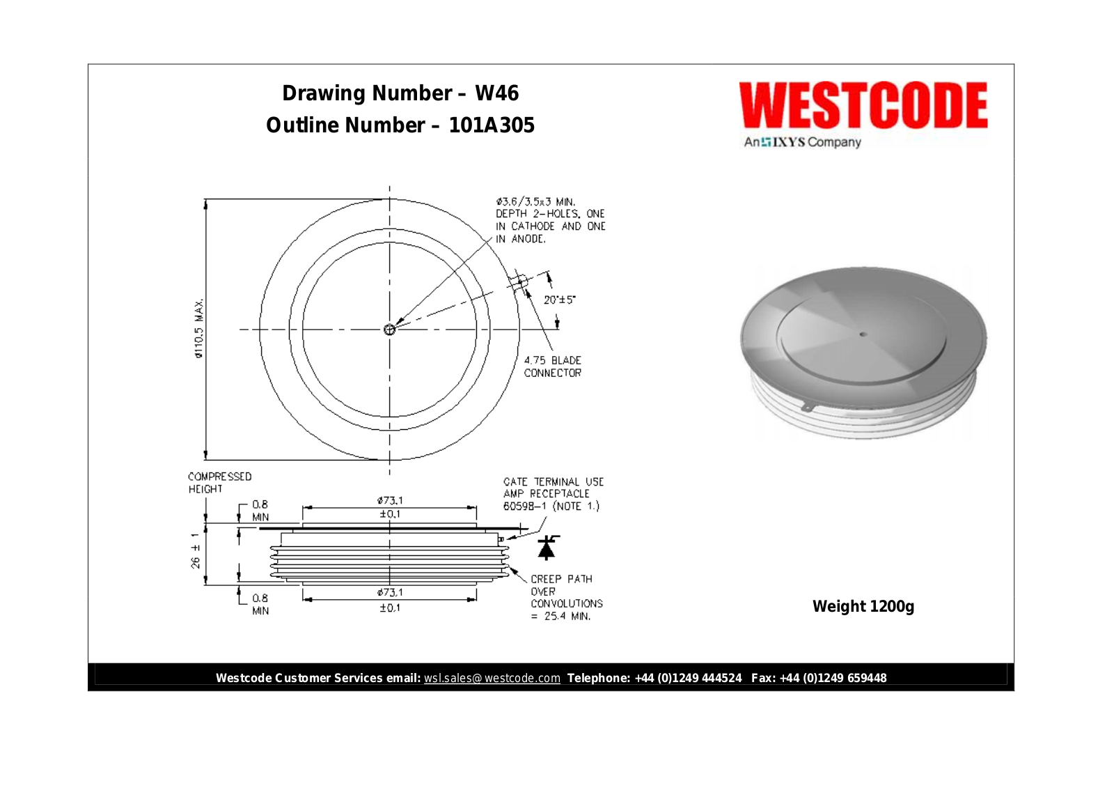 Westcode Semiconductors W46 101A305 Dimensional Sheet