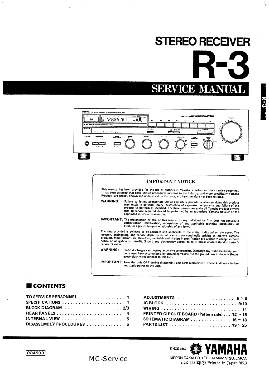 Yamaha R-3 Service Manual