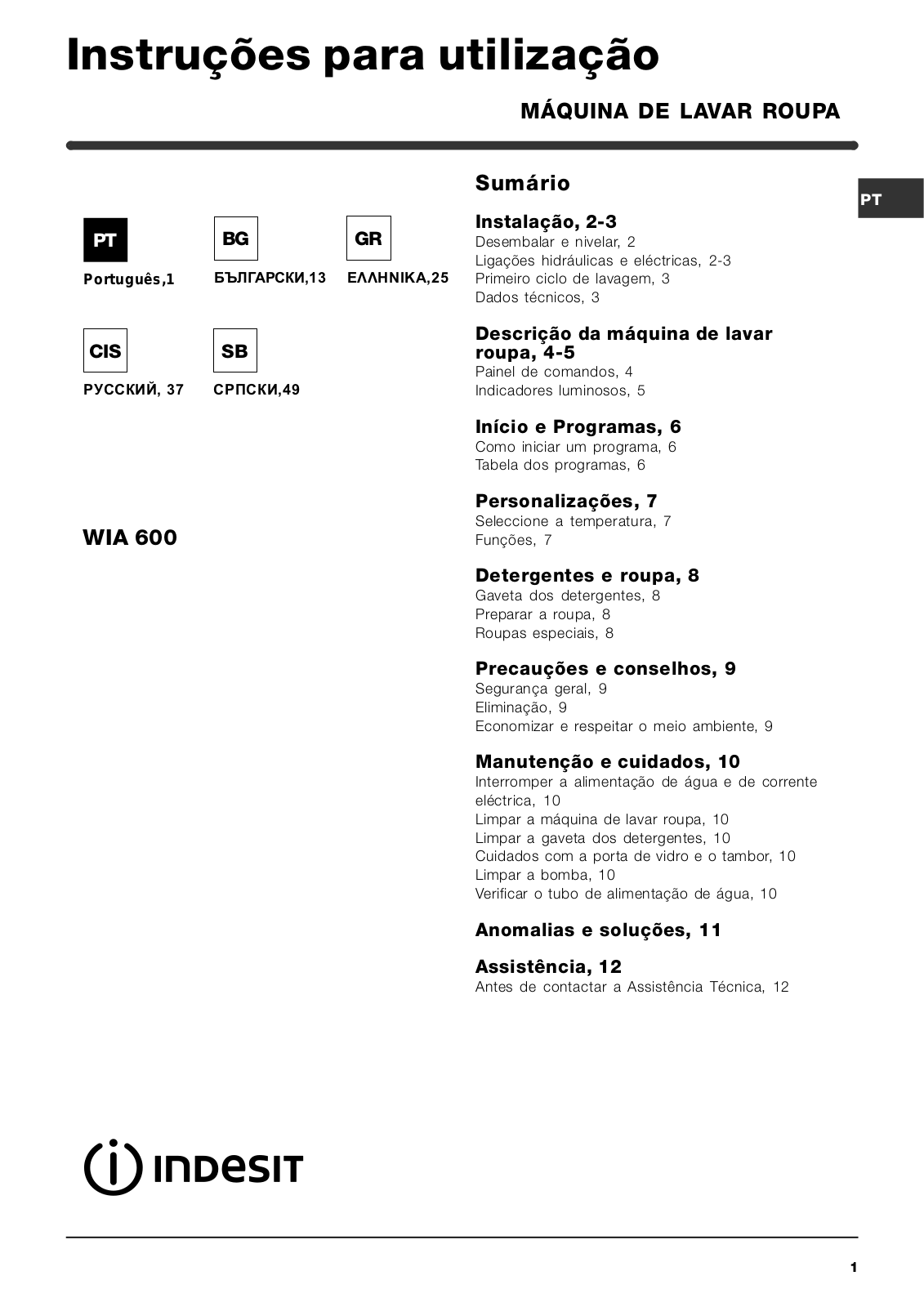 Indesit WIA 600 User Manual