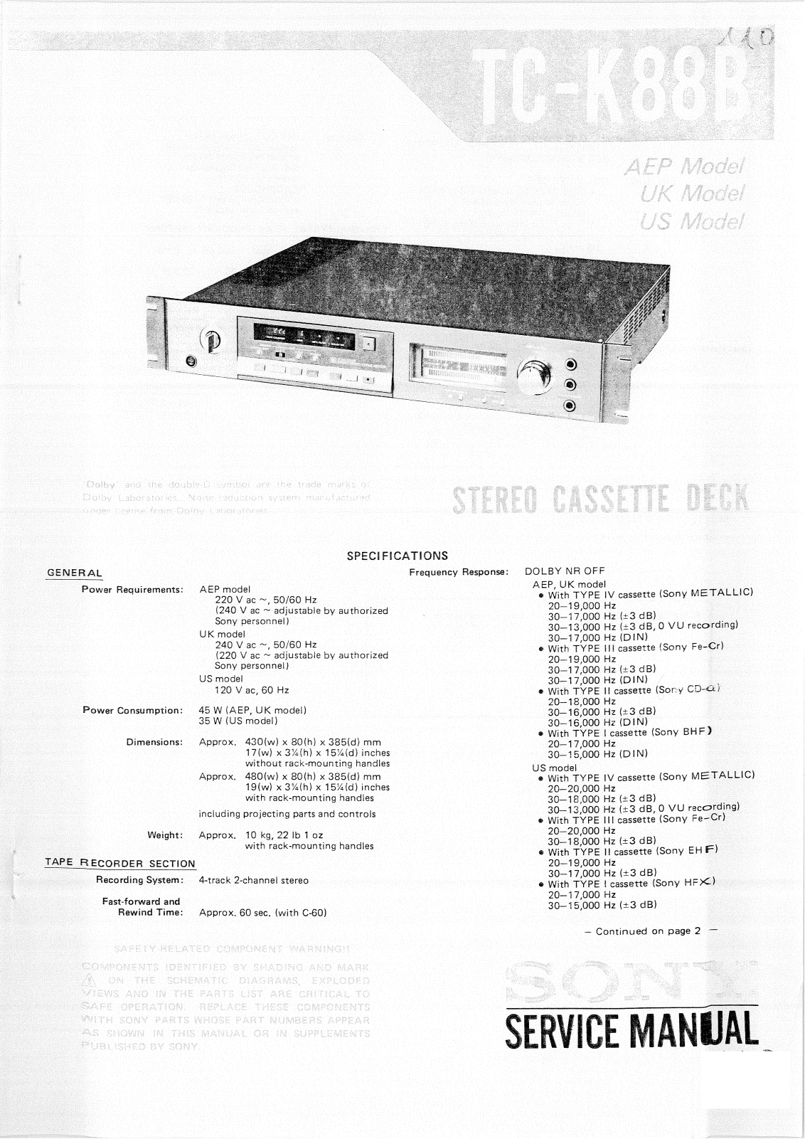 Sony tc-k88b Service Manual