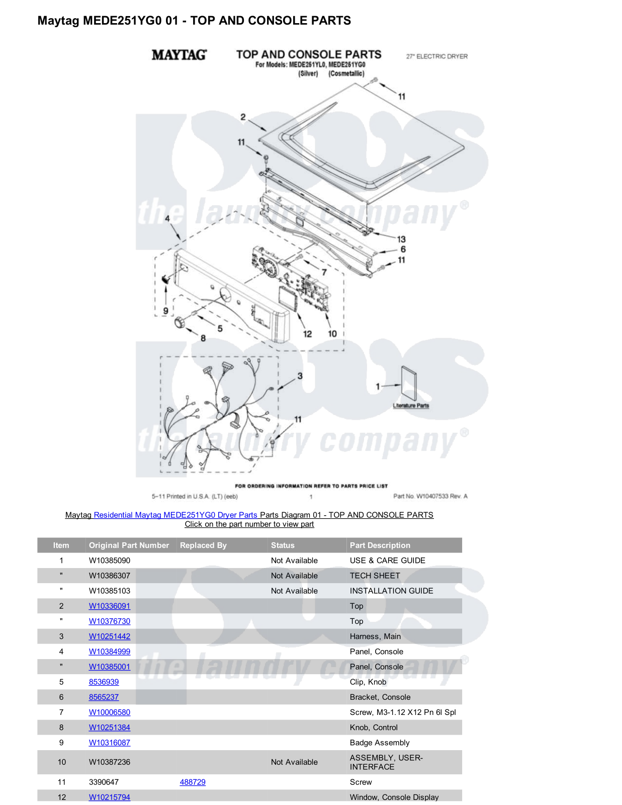 Maytag MEDE251YG0 Parts Diagram