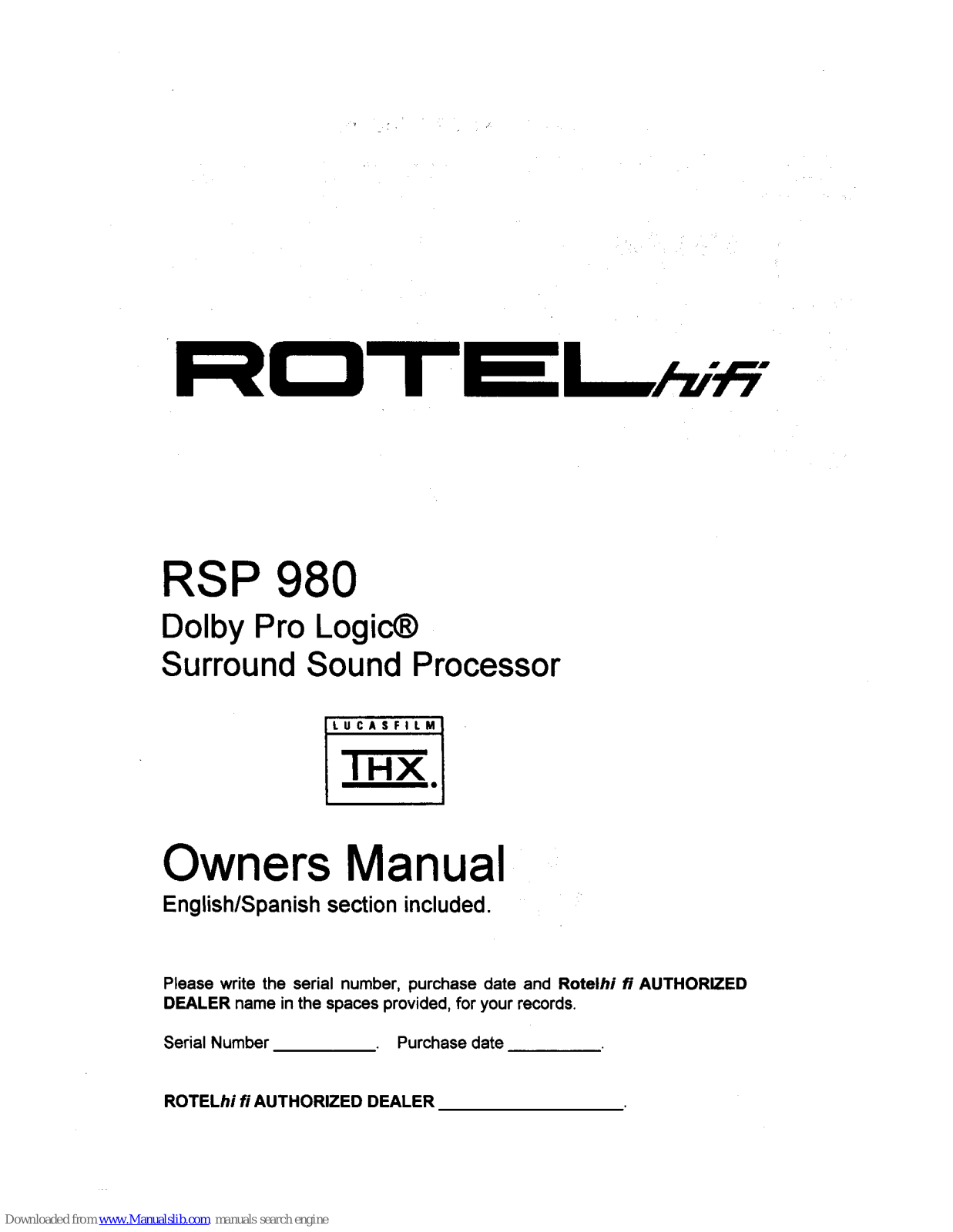 Rotel Dolby Pro Logic RSP 980 Owner's Manual