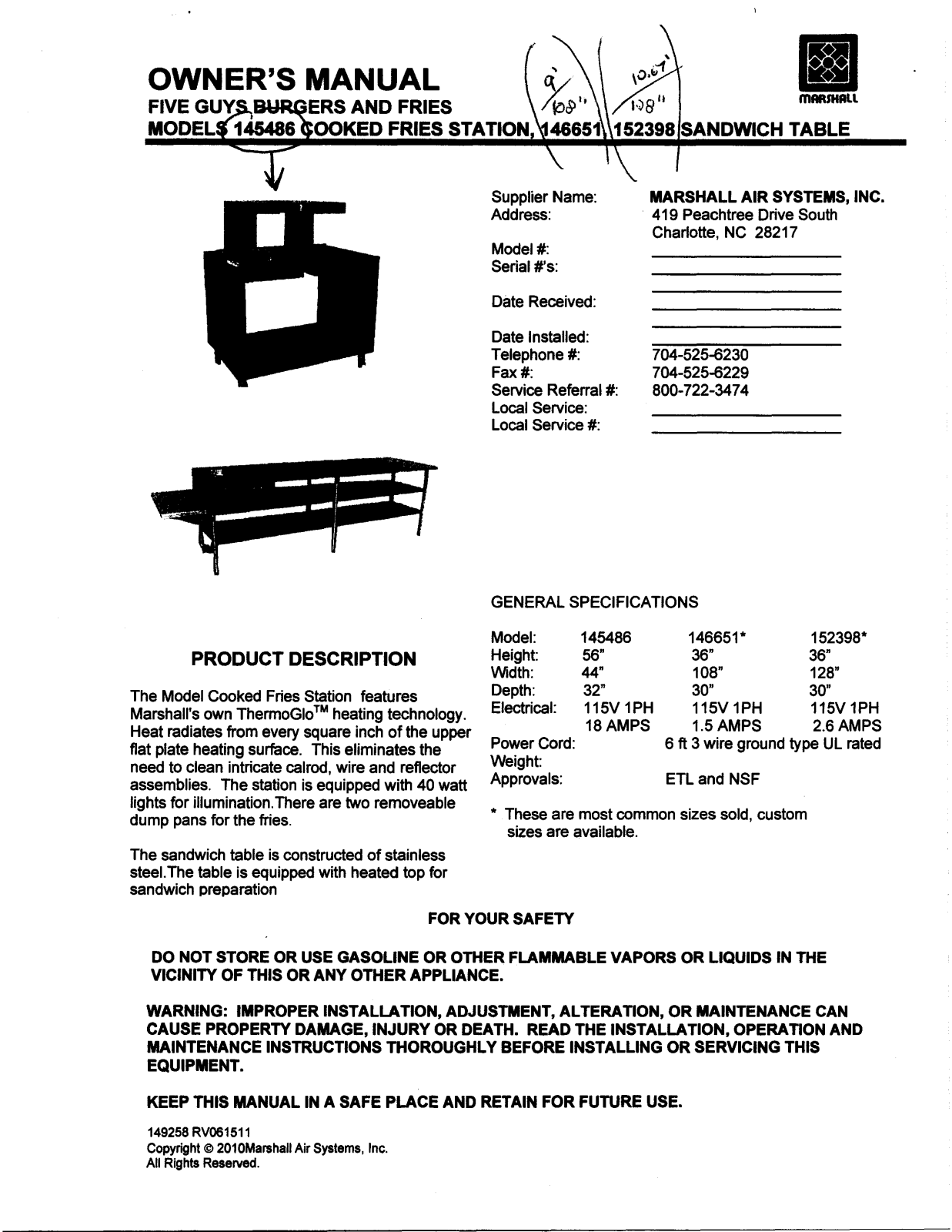 Marshall Air 146651 Operators Manual