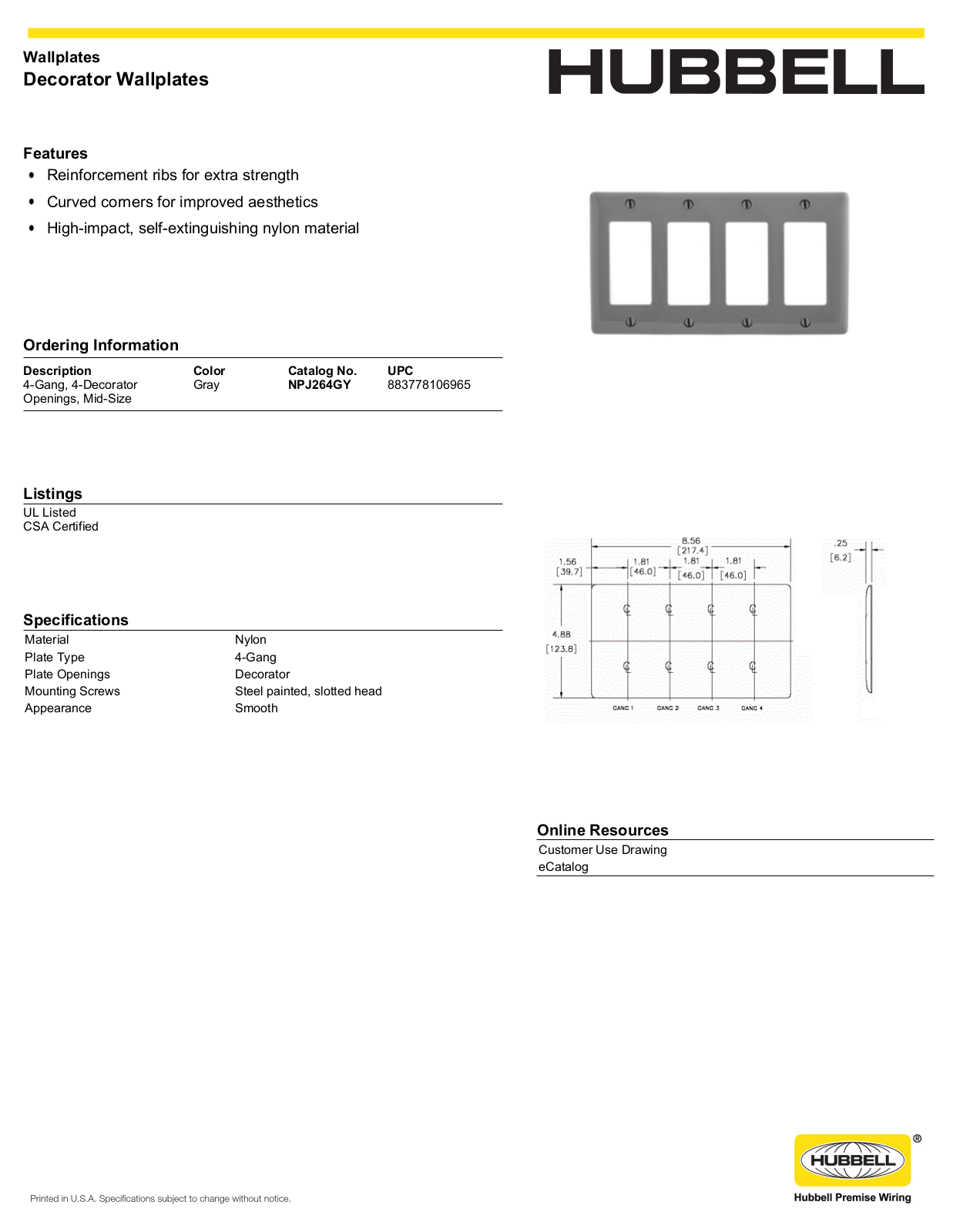 Hubbell NPJ264GY Specifications