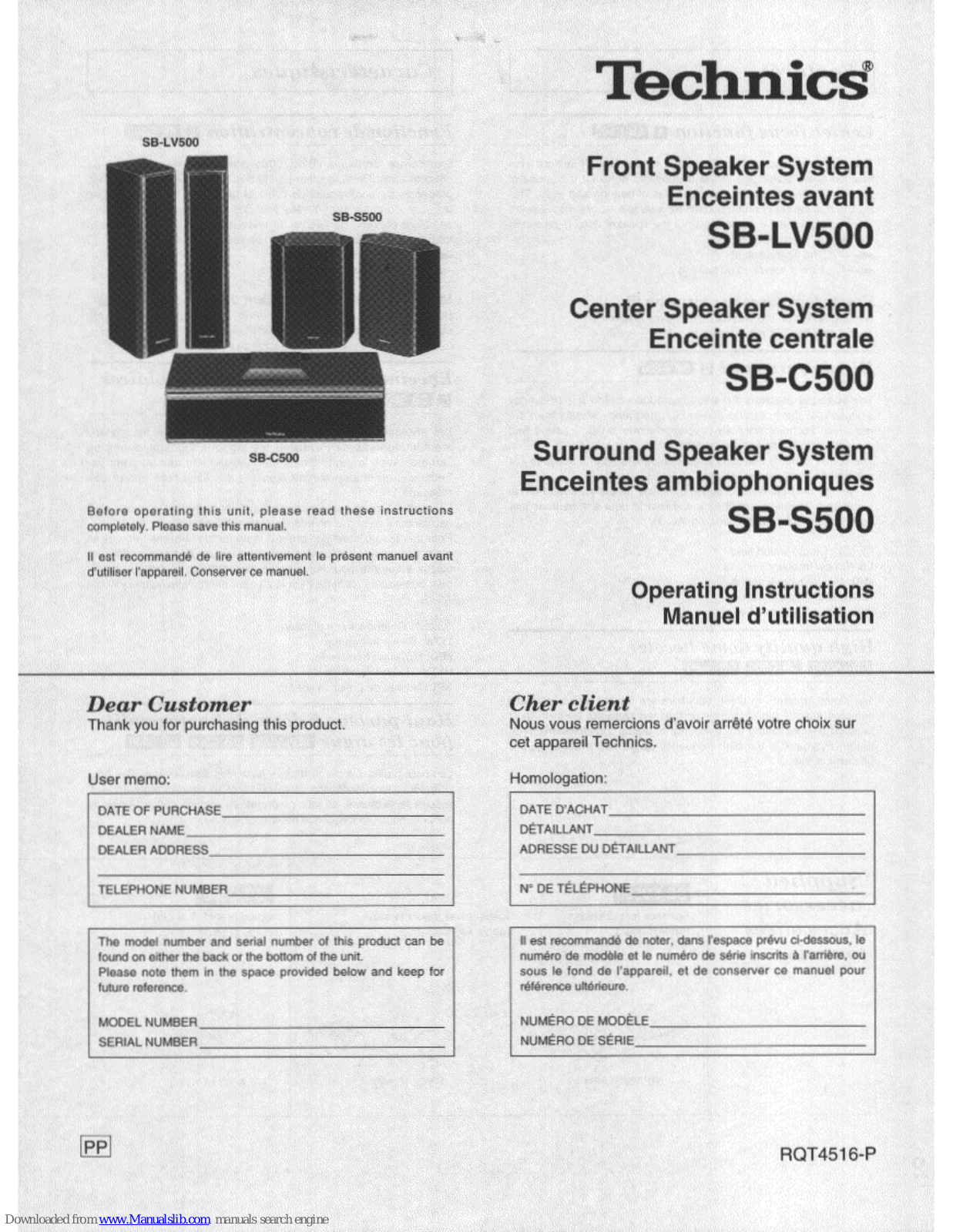 Technics SB-S500, SB-C500, SB-C500A, SB-S500A, SB-LV500 Operating Instructions Manual