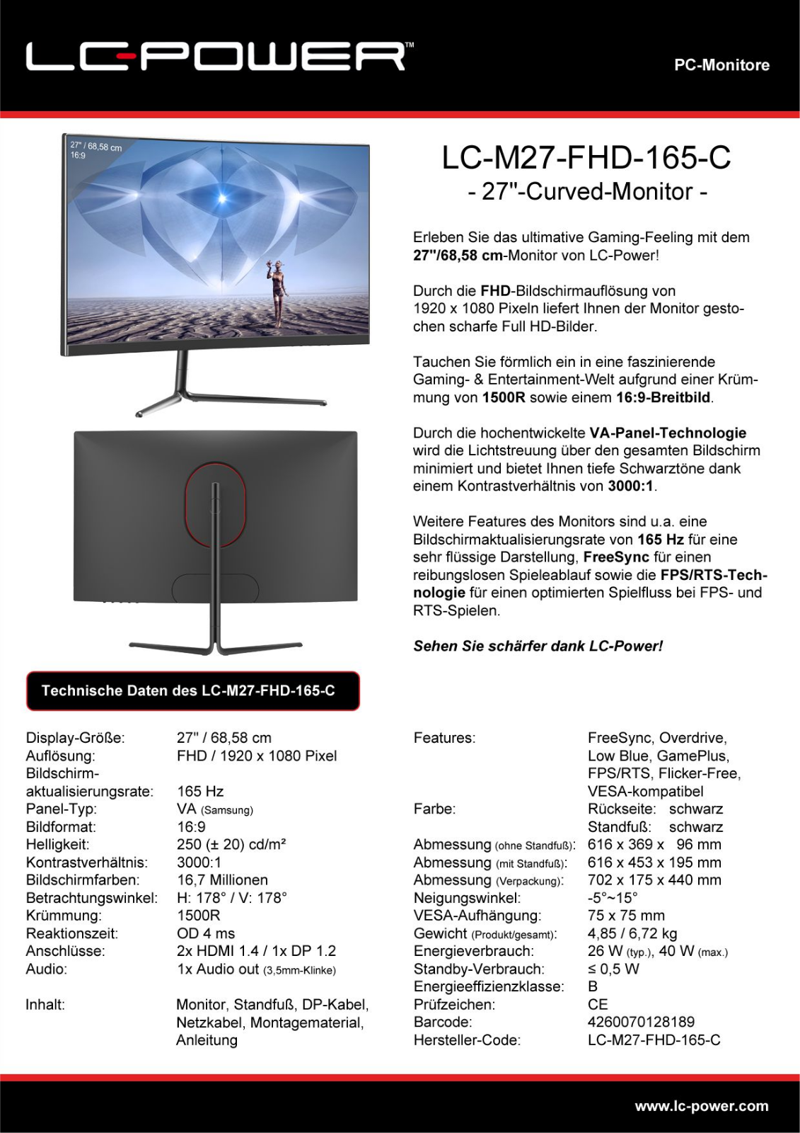 LC-Power LC-M27-FHD-165-C Technical data