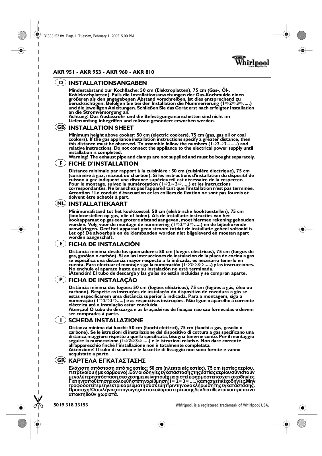 WHIRLPOOL AKR810 User Manual