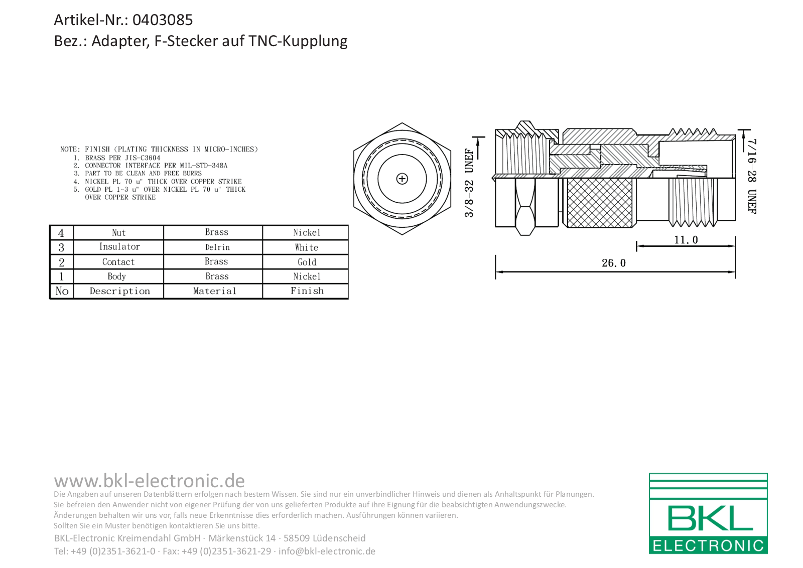 BKL TNC K206 Datasheet - ManualMachine.com