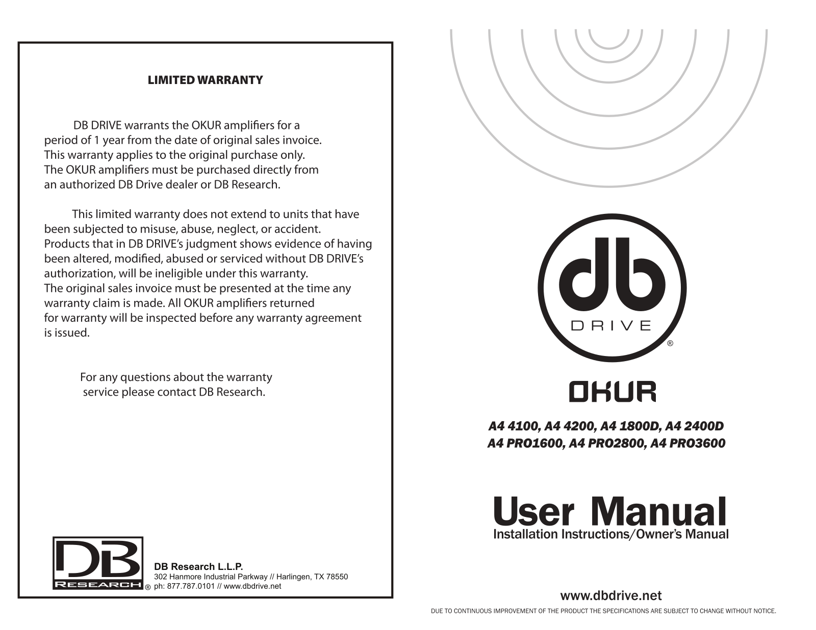 DB Drive A4 PRO1600, A4 2400D, A4 4200, AR 1800D, A4 4100 User Manual