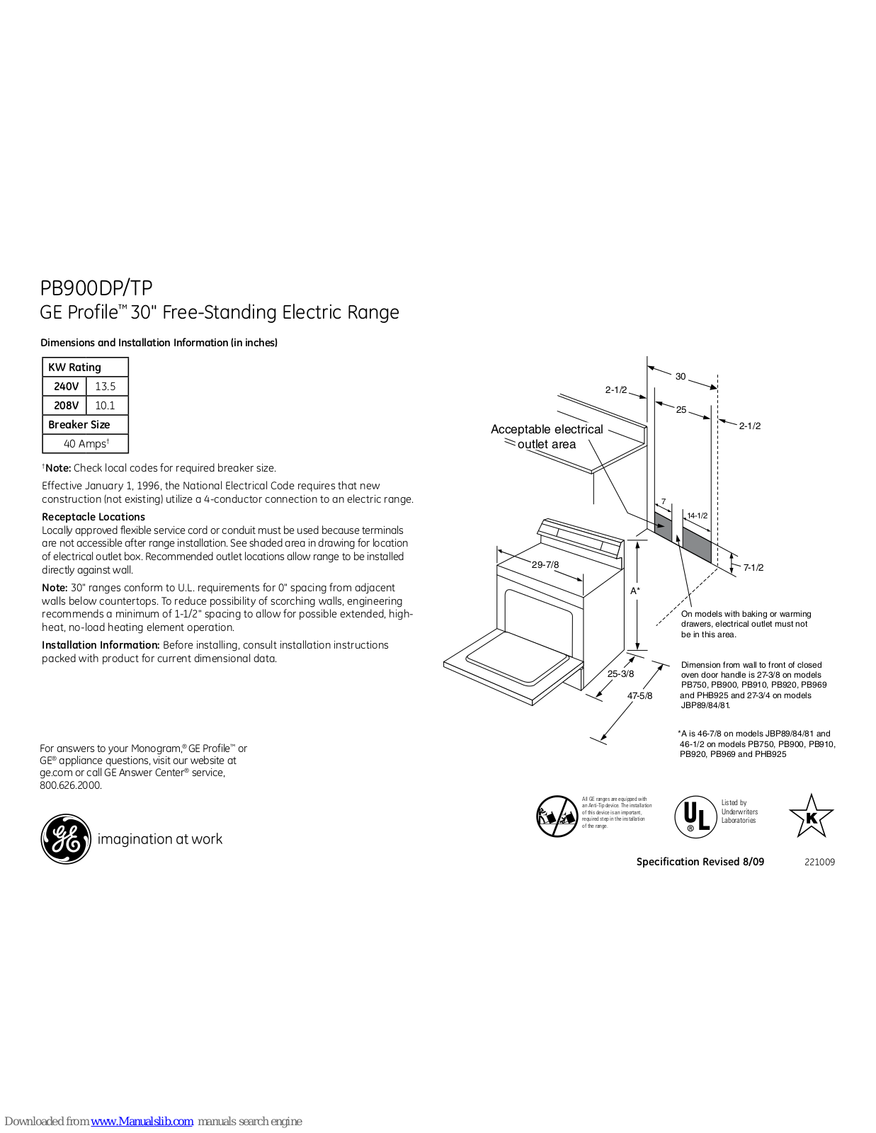 GE Profile PB900, Profile PB900DPBB, Profile PB900TPWW Dimensions And Installation Information