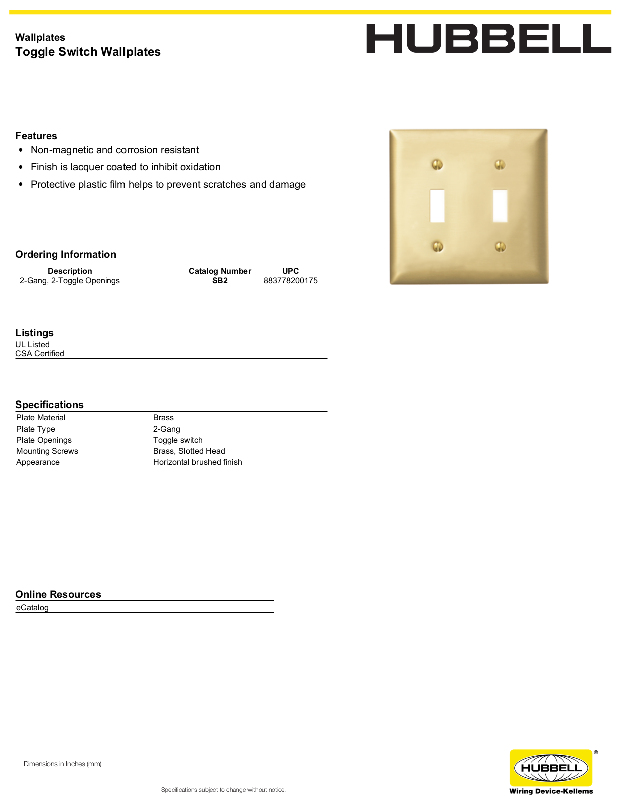 Hubbell SB2 Specifications