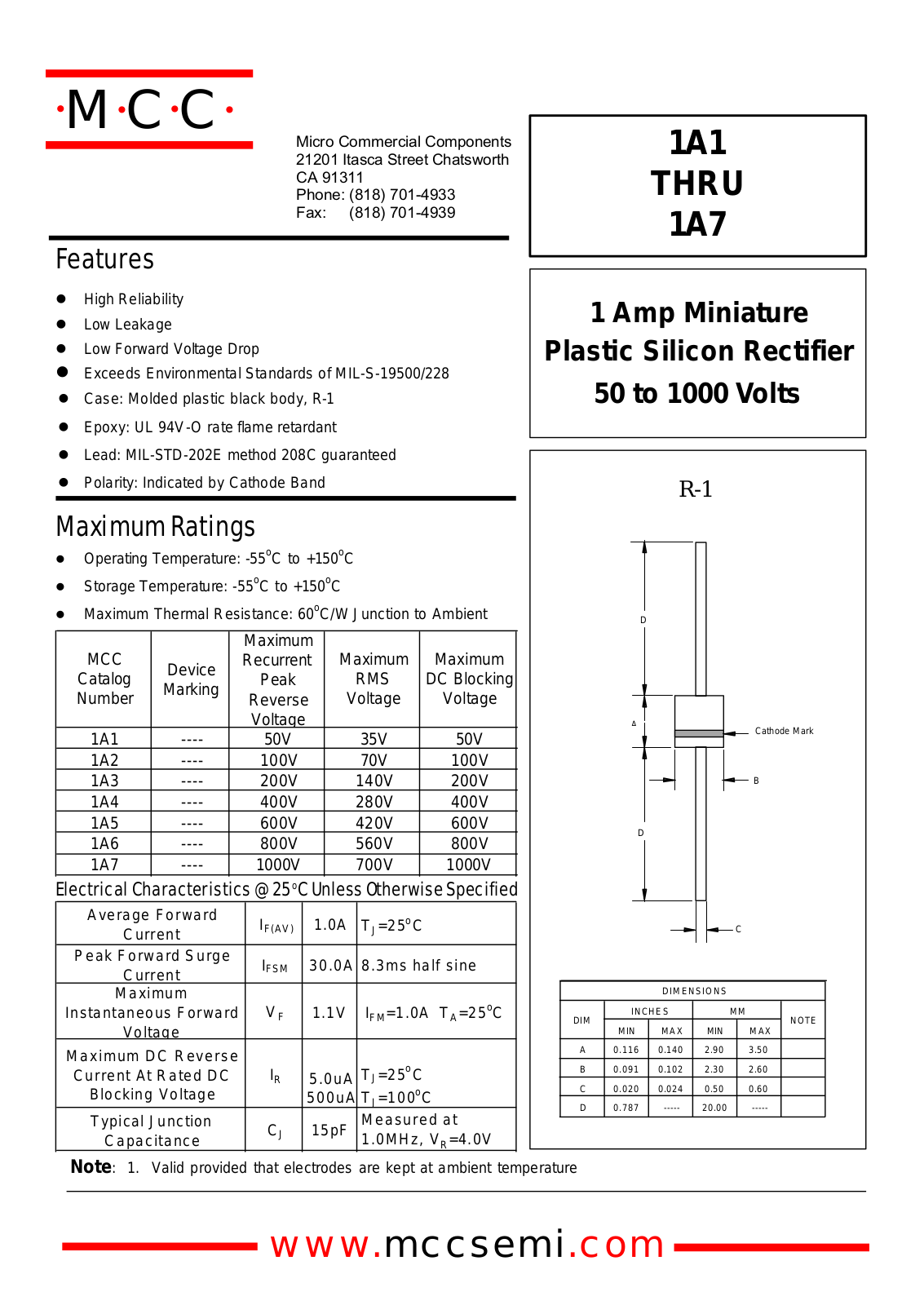 MCC 1A7, 1A6, 1A5, 1A2, 1A1 Datasheet