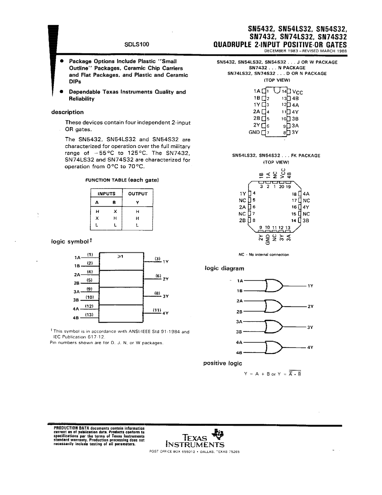 Datasheet JM38510-30501B2A, JM38510-30501BCA, JM38510-30501BDA, SN5432J, SN54LS32J Datasheet (Texas Instruments) - ManualMachine.com