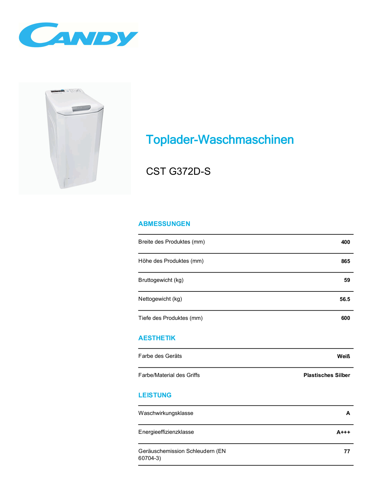 Candy CST G372D-S Technical data