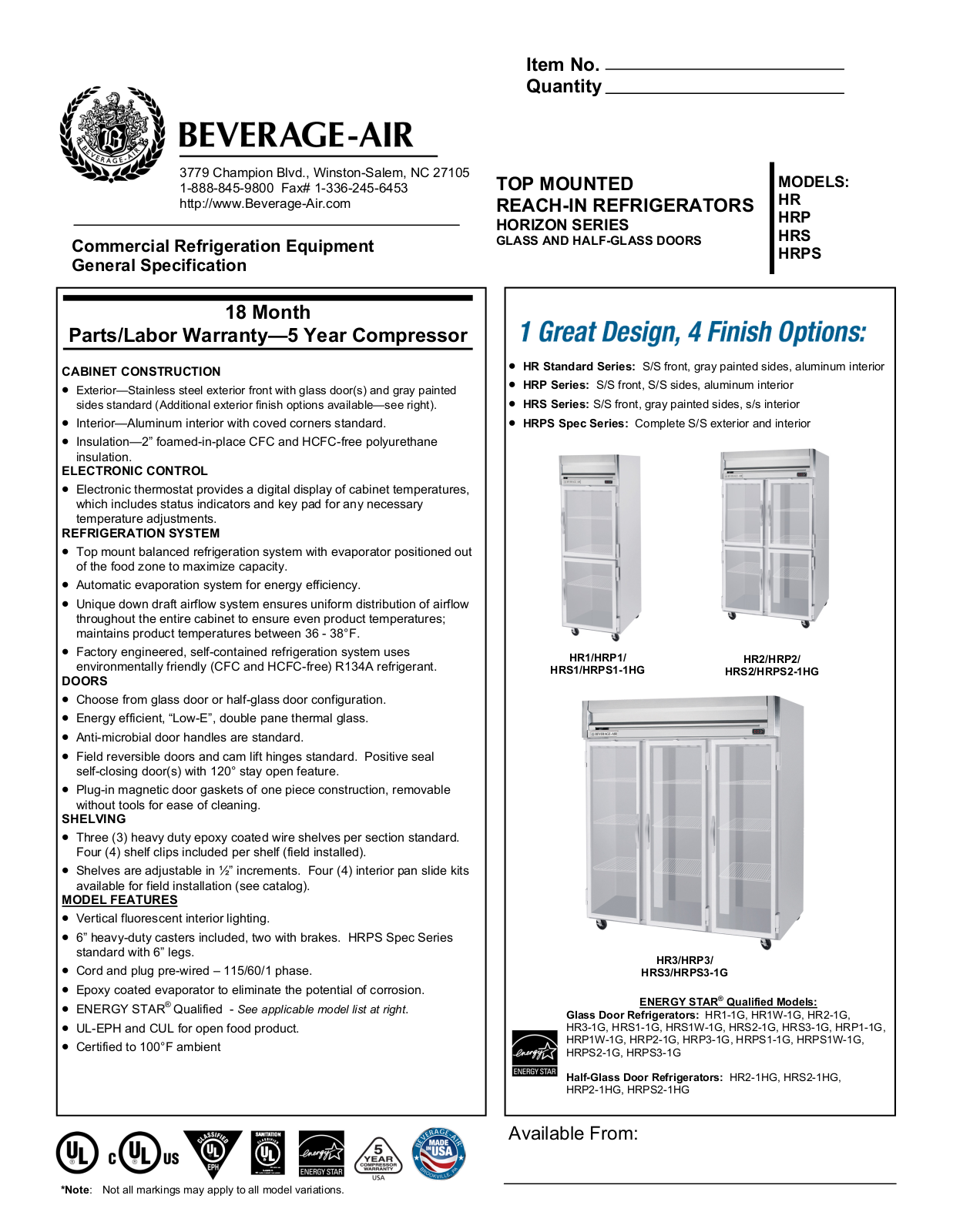 Beverage-Air HR21G, HR31G, HR31HG, HRP11G, HRP11HG Specifications