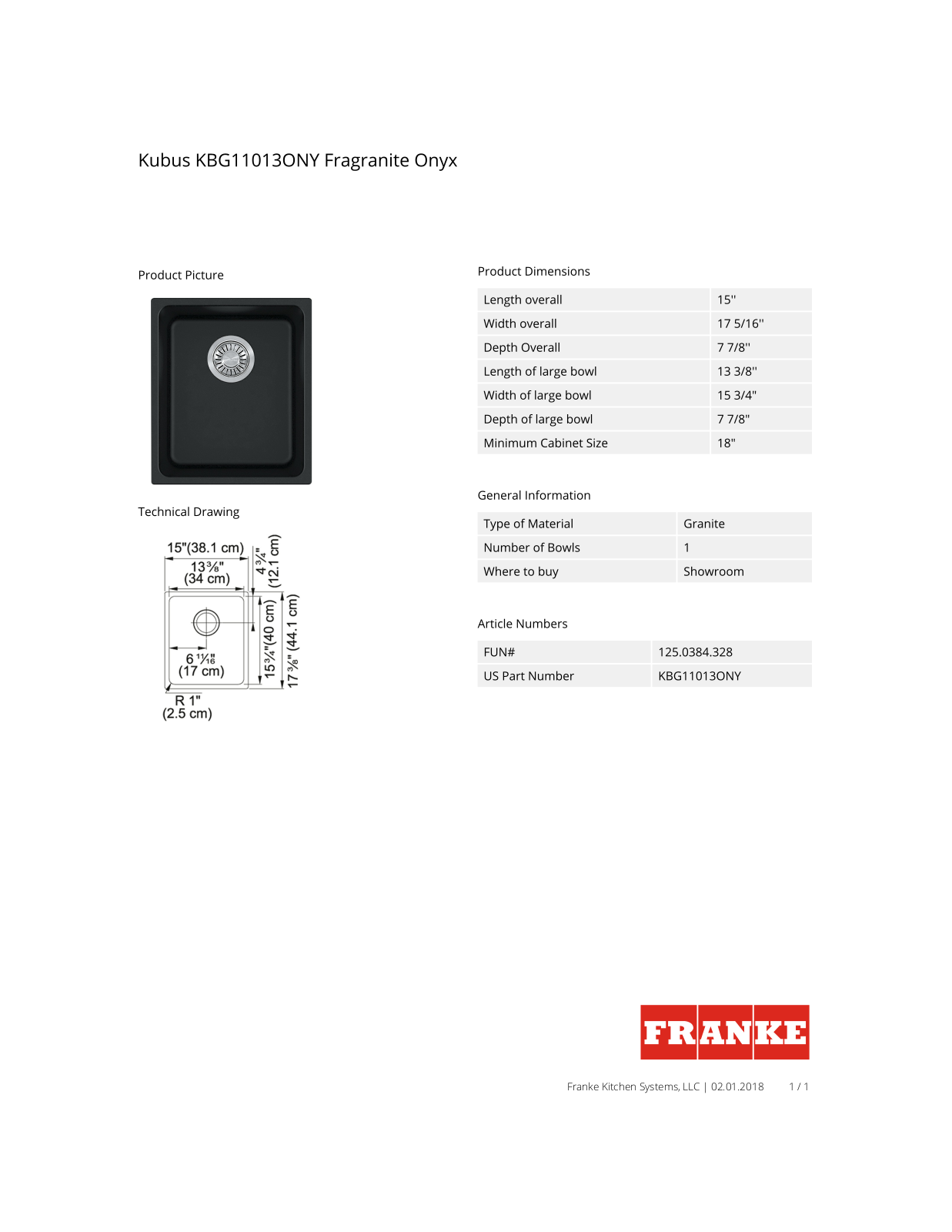 Franke KBG11013ONY Specs