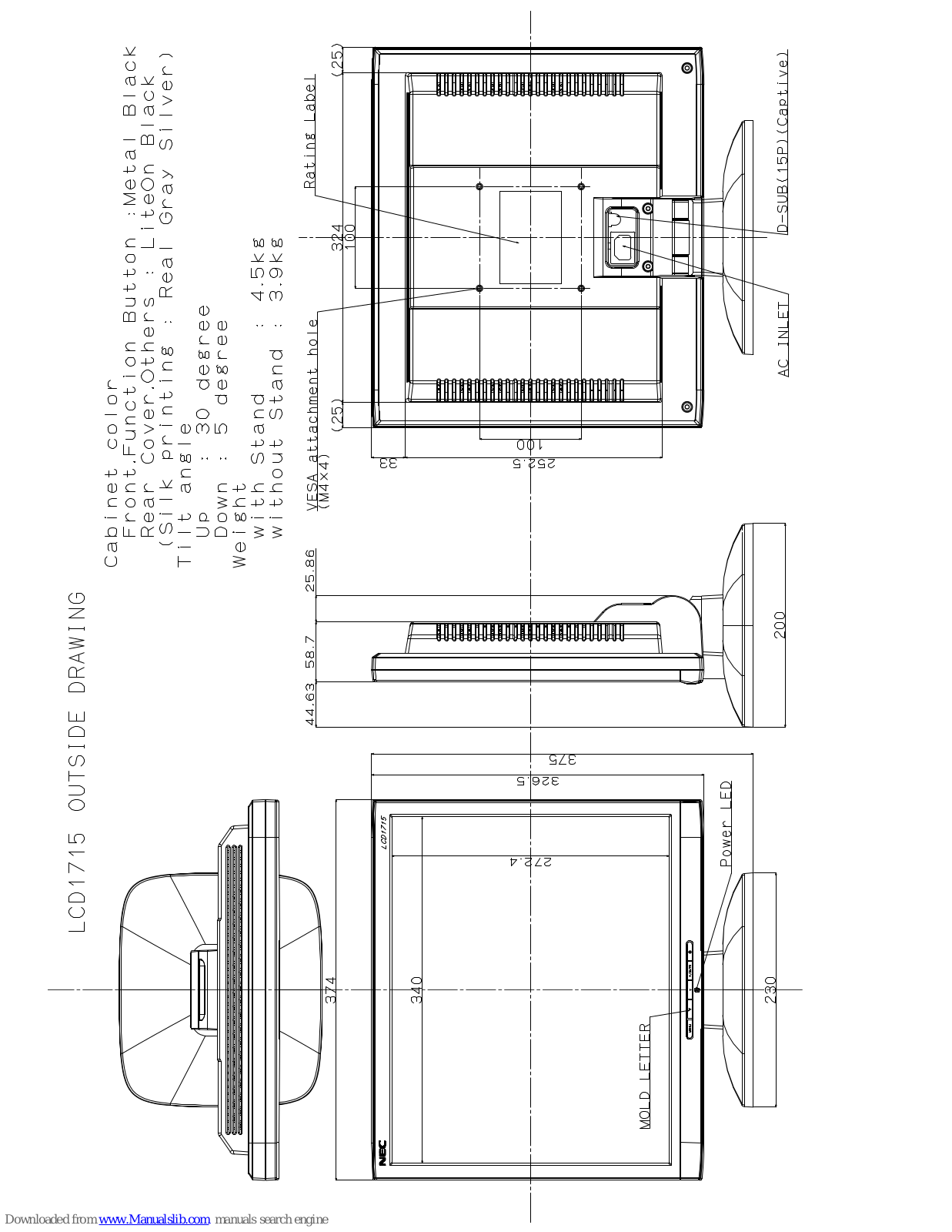 NEC MultiSync LCD1715 Dimensional Drawing - ManualMachine.com