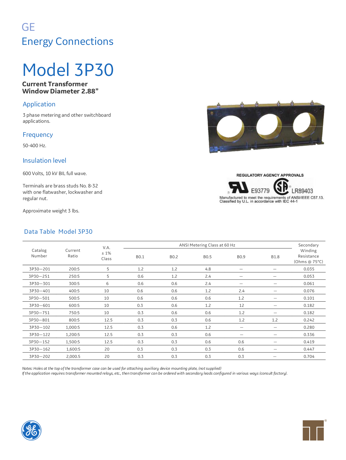 Instrument Transformer, Div of GE 3P30 Data Sheet