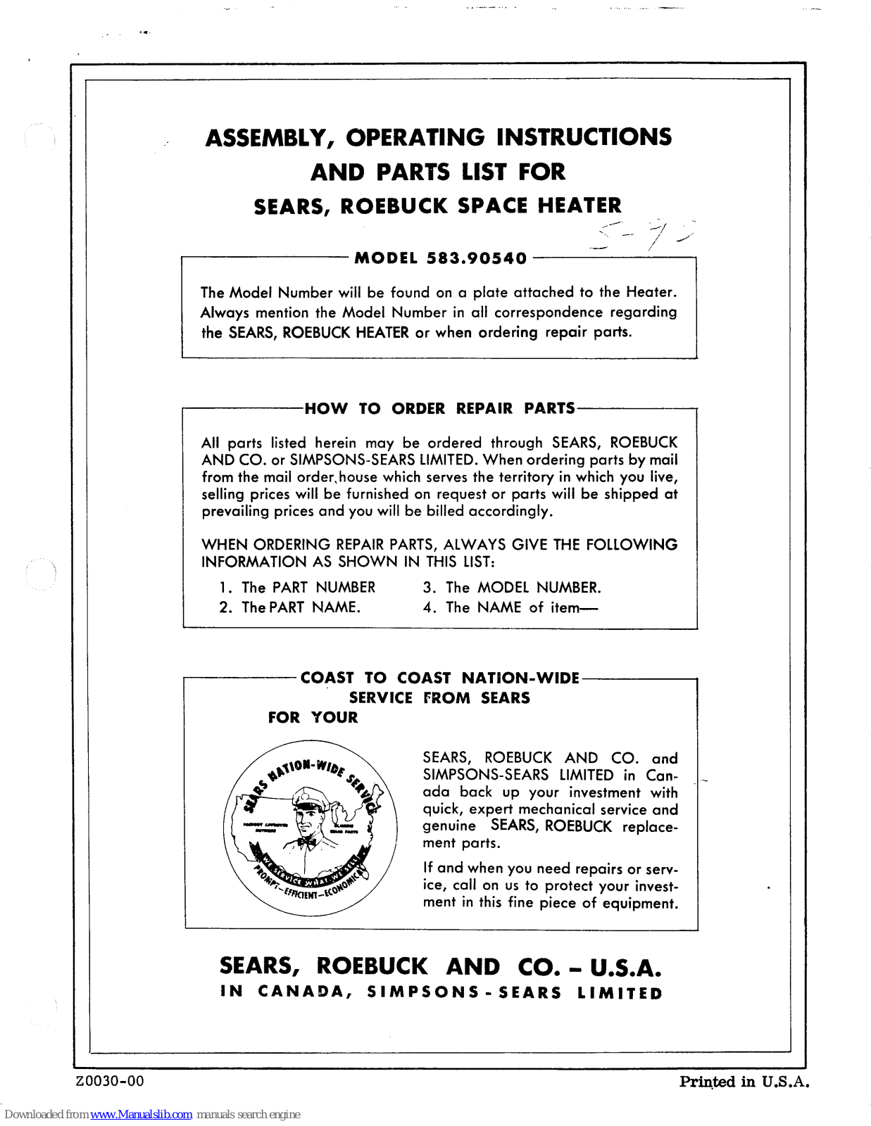 Sears, Roebuck and Co. 583.90540 Assembly And Operating Instructions Manual