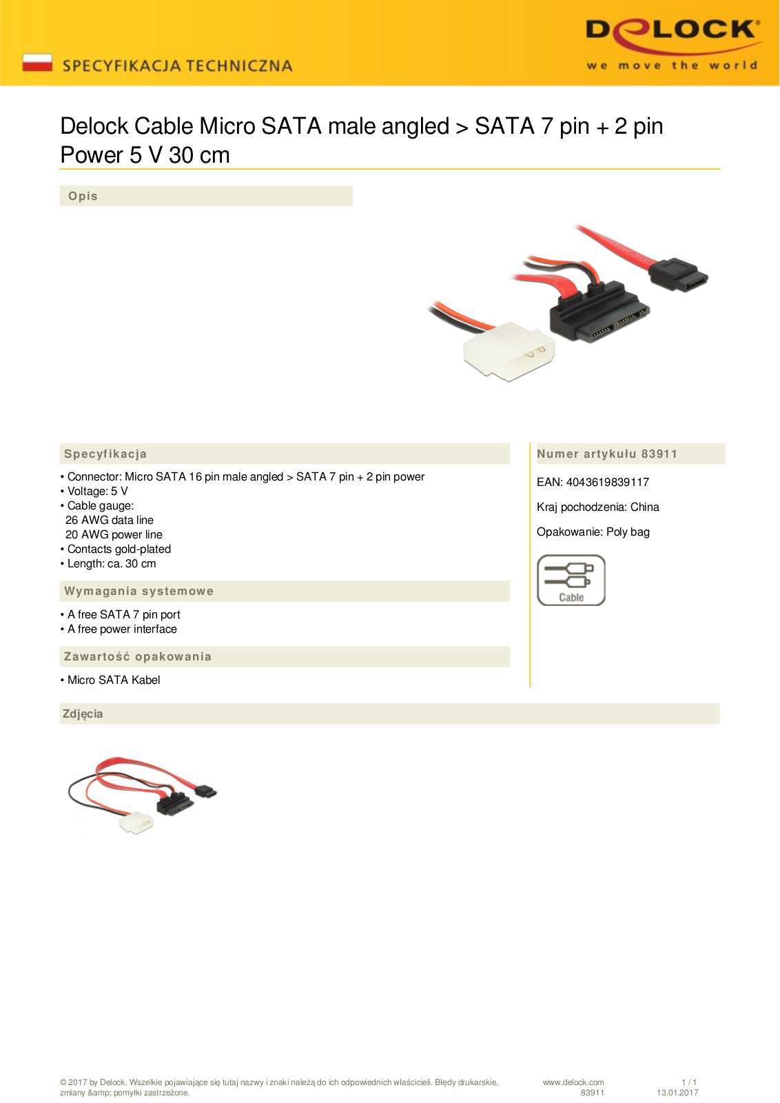 DeLOCK HDD Cables Micro SATA 16-Pin plug to SATA 7-Pin + 2-pin molex User Manual