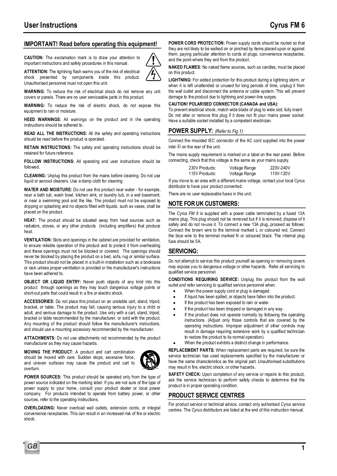 Cyrus FM 6 User Instruction