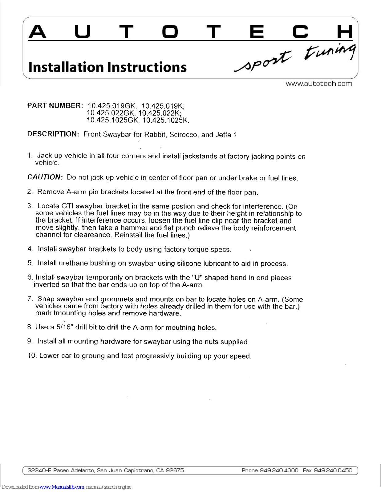 AUTOTECH 10.425.019GK, 10.425.022GK, 10.425.019K, 10.425.022K, 10.425.1025K Installation Instructions Manual