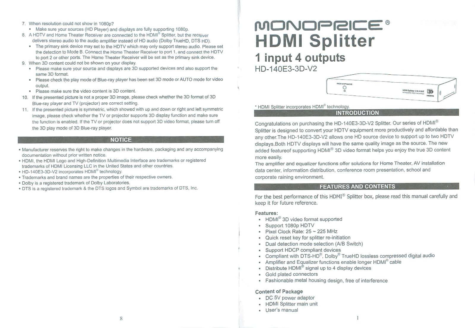 Monoprice HD-140E3-3D-V2 User Manual