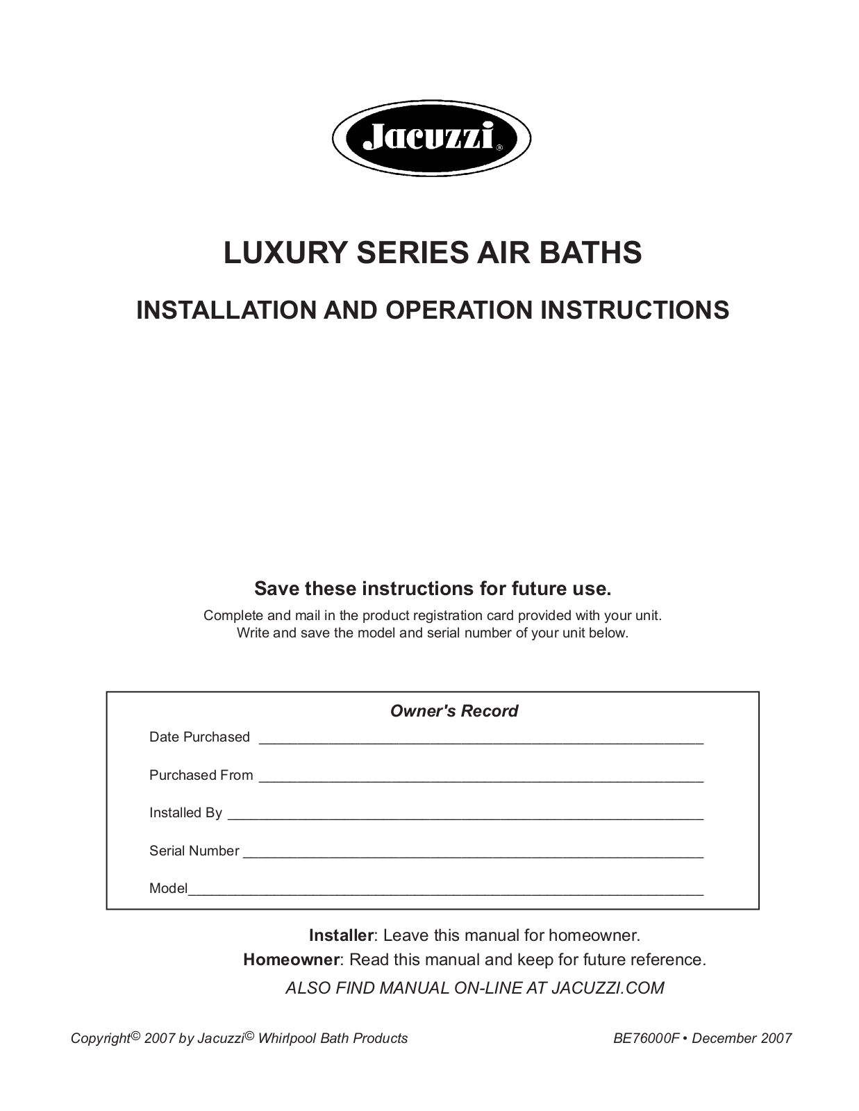 Jacuzzi Air BathS User Manual