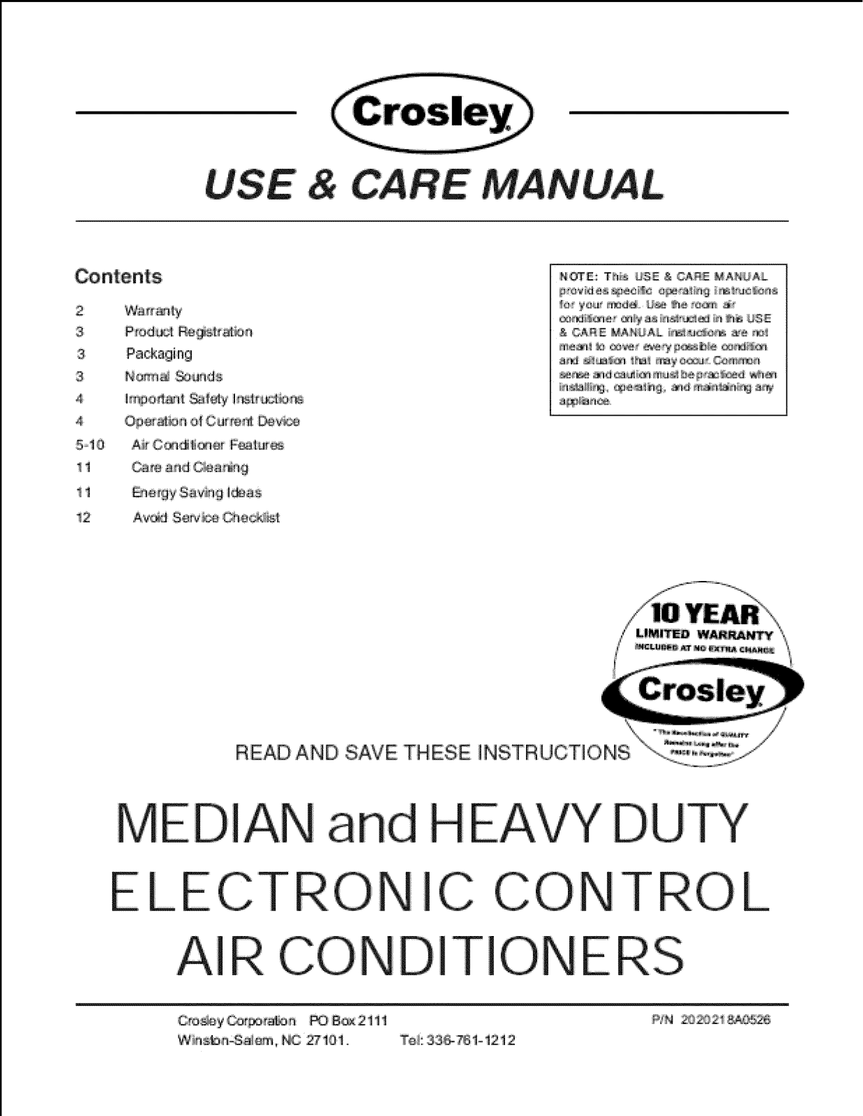 Crosley CAE15ESRA, CAE18ESRA, CAE29ERA, CAE29ERB, CAHE8ERB Owner’s Manual