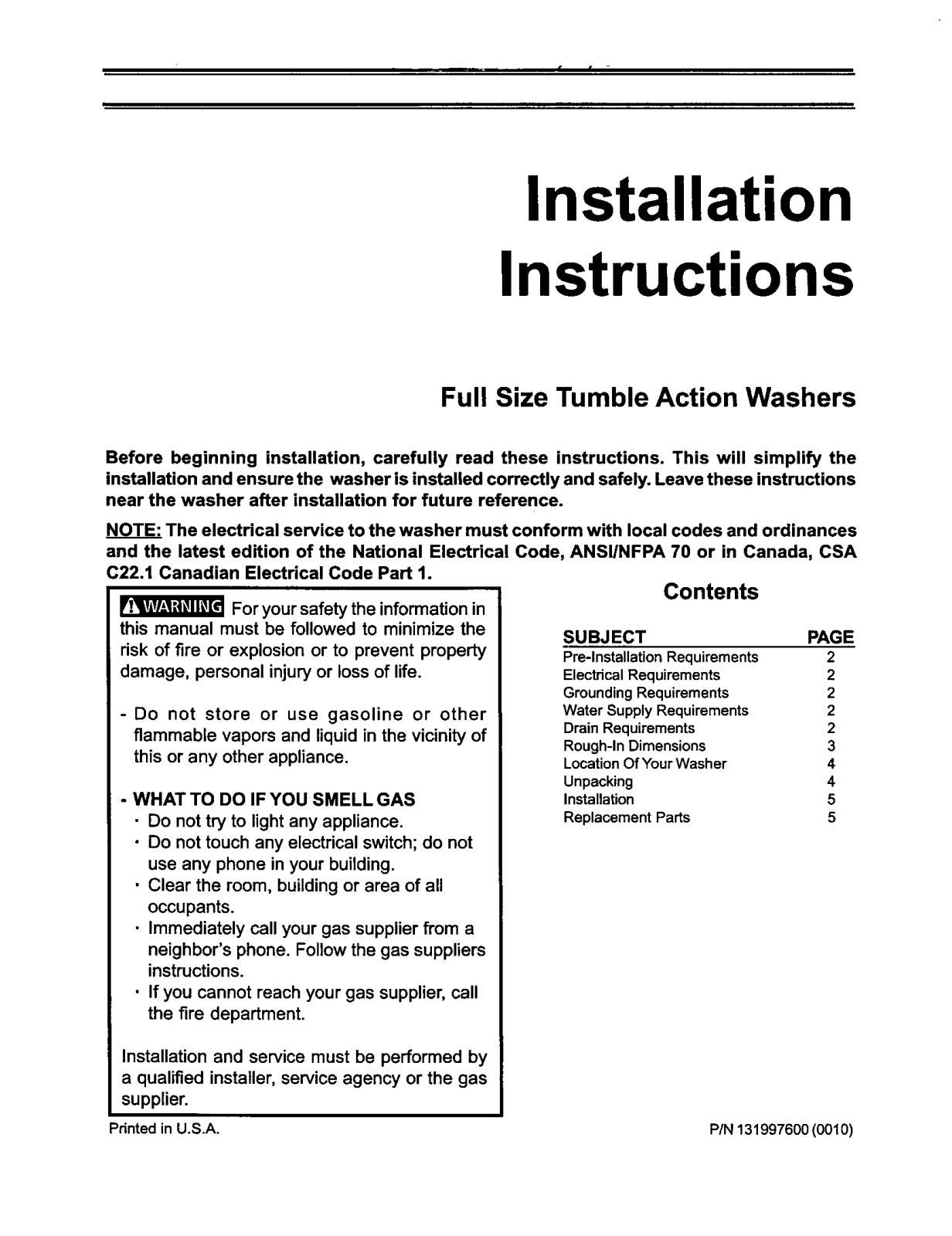 Frigidaire GLTF1040AS0, GLTF1670AS0, GLTF2070CS0, 41744072300, 41744102300 Installation Guide - ManualMachine.com
