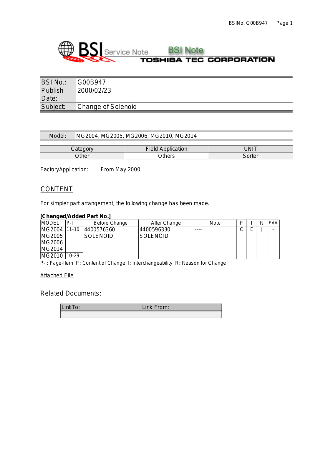 Toshiba g00b947 Service Note