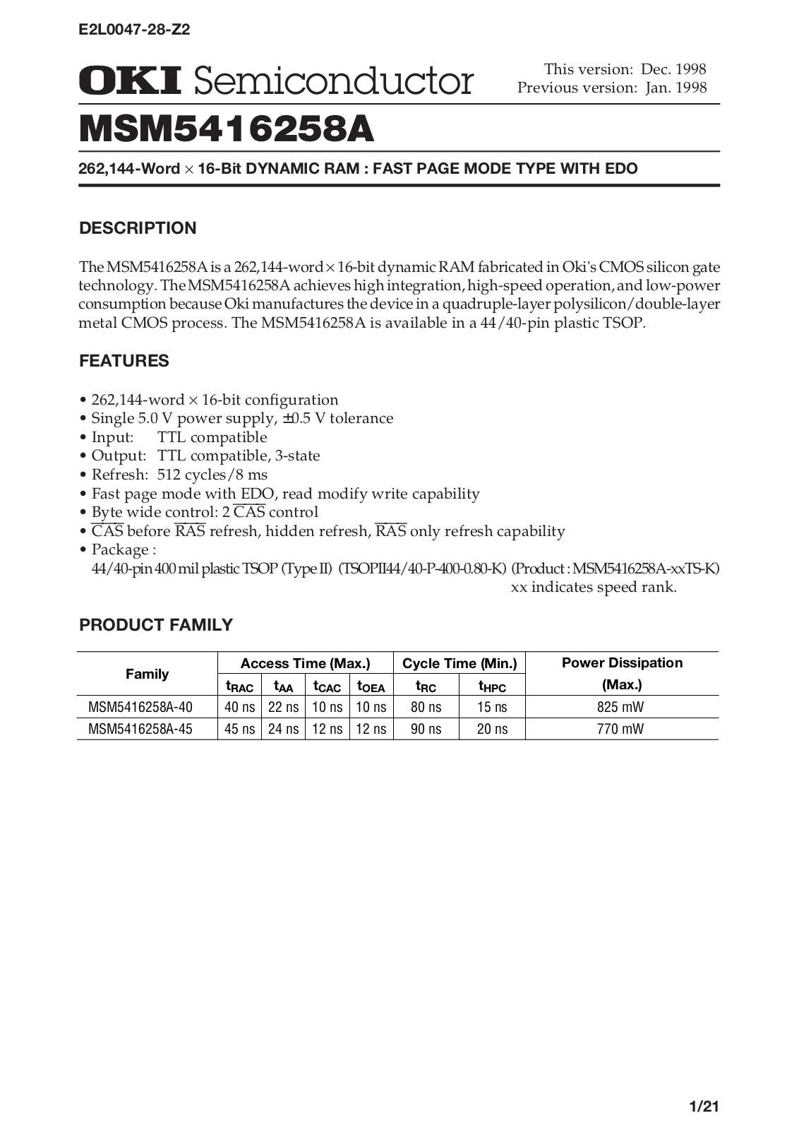 OKI MSM5416258A-45TS-K, MSM5416258A-40TS-K Datasheet