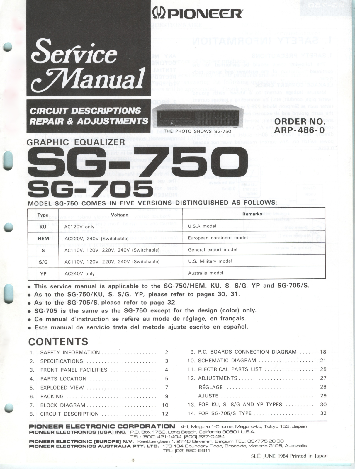 Pioneer SG-705, SG-750 Service manual