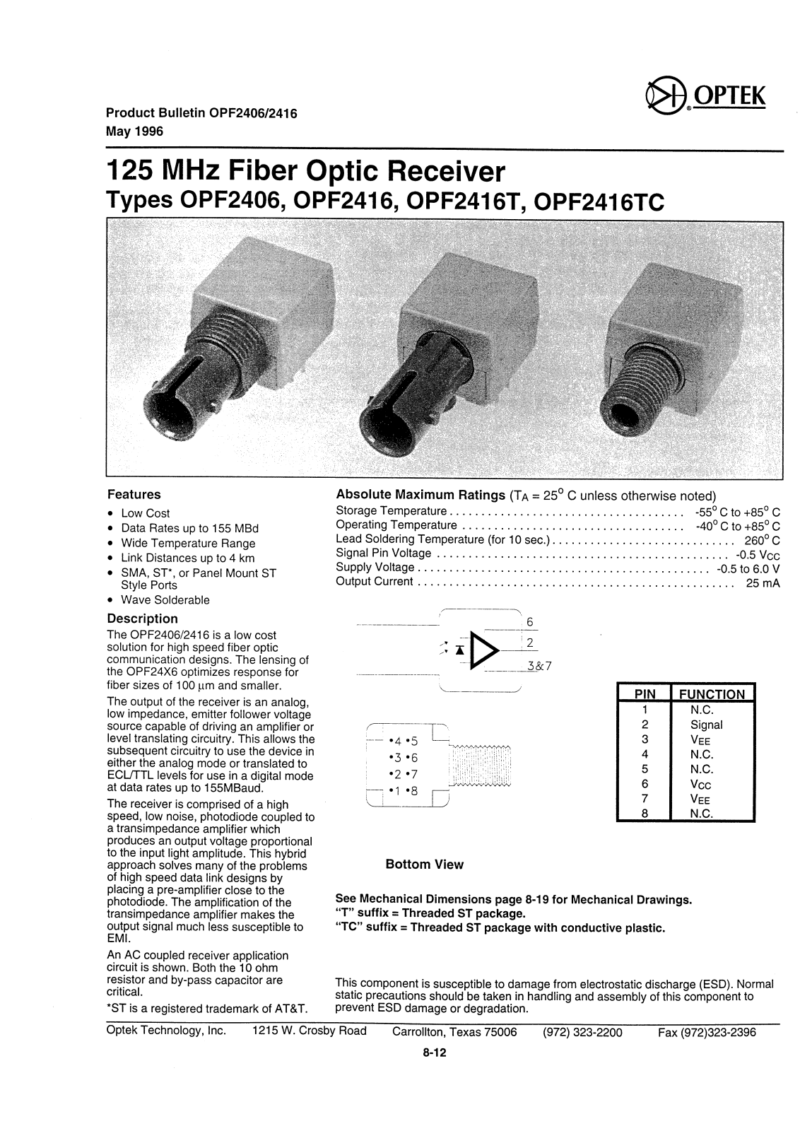 Datasheet OPF2416, OPF2416T, OPF2406, OPF2416TC Datasheet (OPTEK) - ManualMachine.com