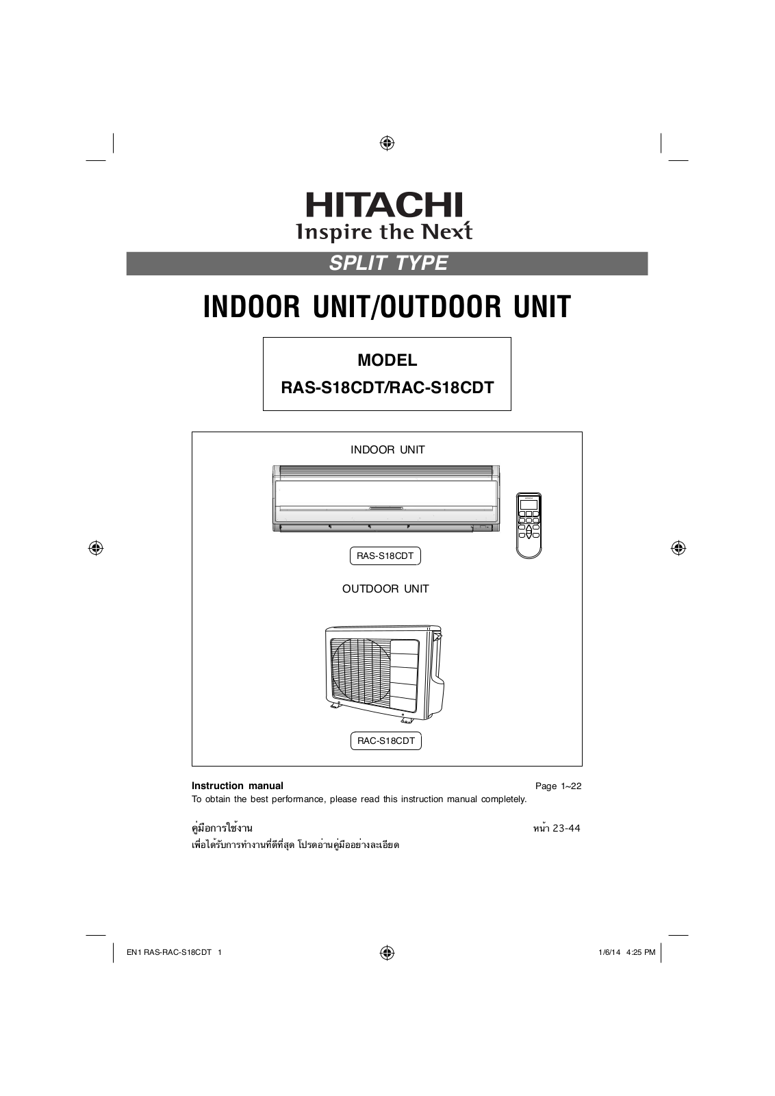 Hitachi RAS-S18CDT, RAC-S18CDT, RAS-S30CCT, RAC-S30CCT Instruction Manual