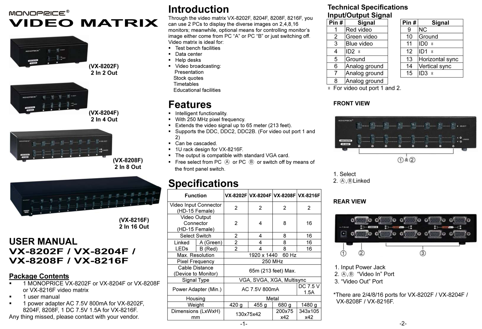 Monoprice VX-8216F, VX-8208F, VX-8202F, VX-8204F User Manual