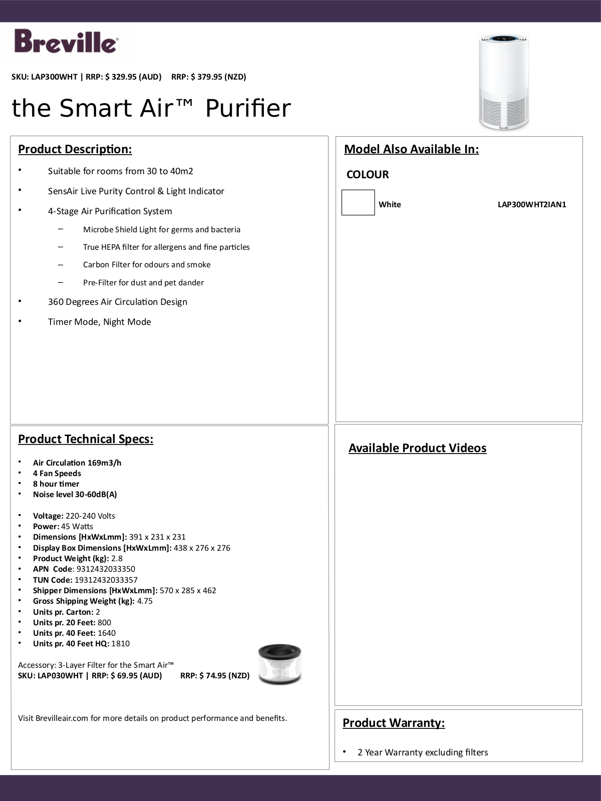 Breville LAP300WHT Specifications Sheet