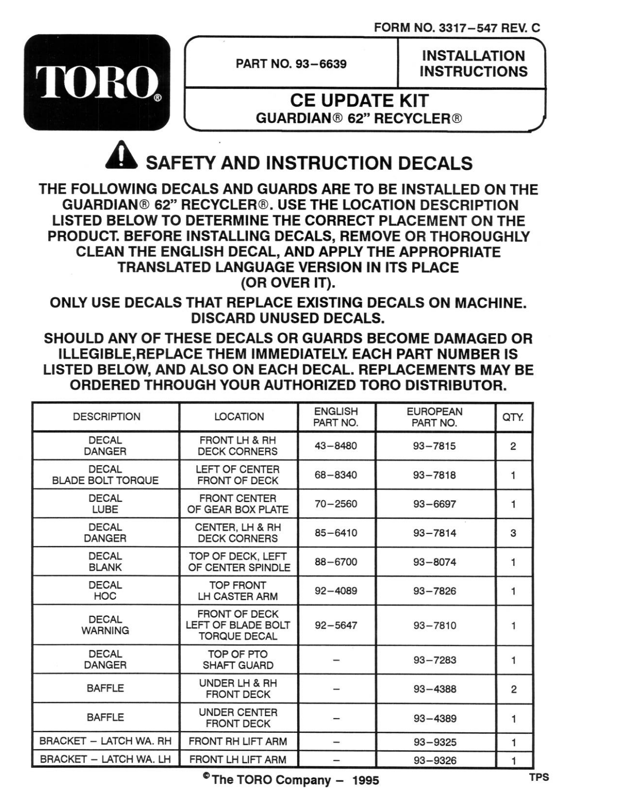 Toro 93-6639 Installation Instructions