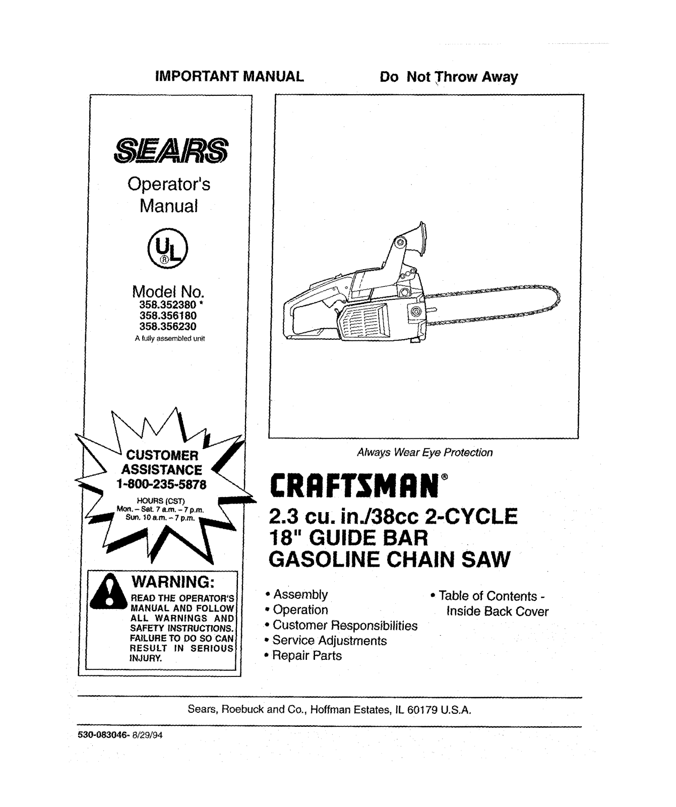 Craftsman 358.356230, 358.356180, 358.352380 User Manual