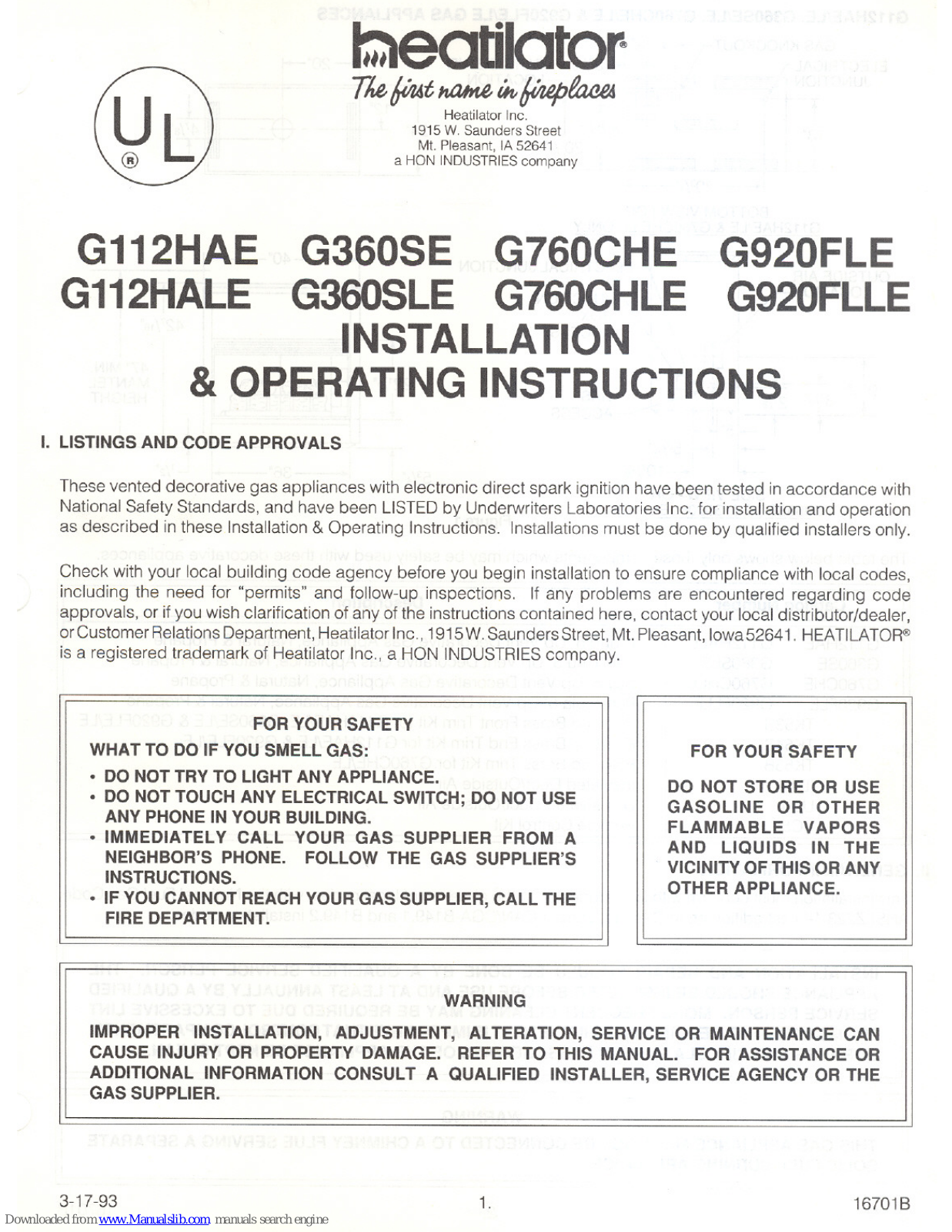 Heatilator G112HAE, G360SE, G112HALE, G360SLE, G760CHE Installation & Operating Instructions Manual