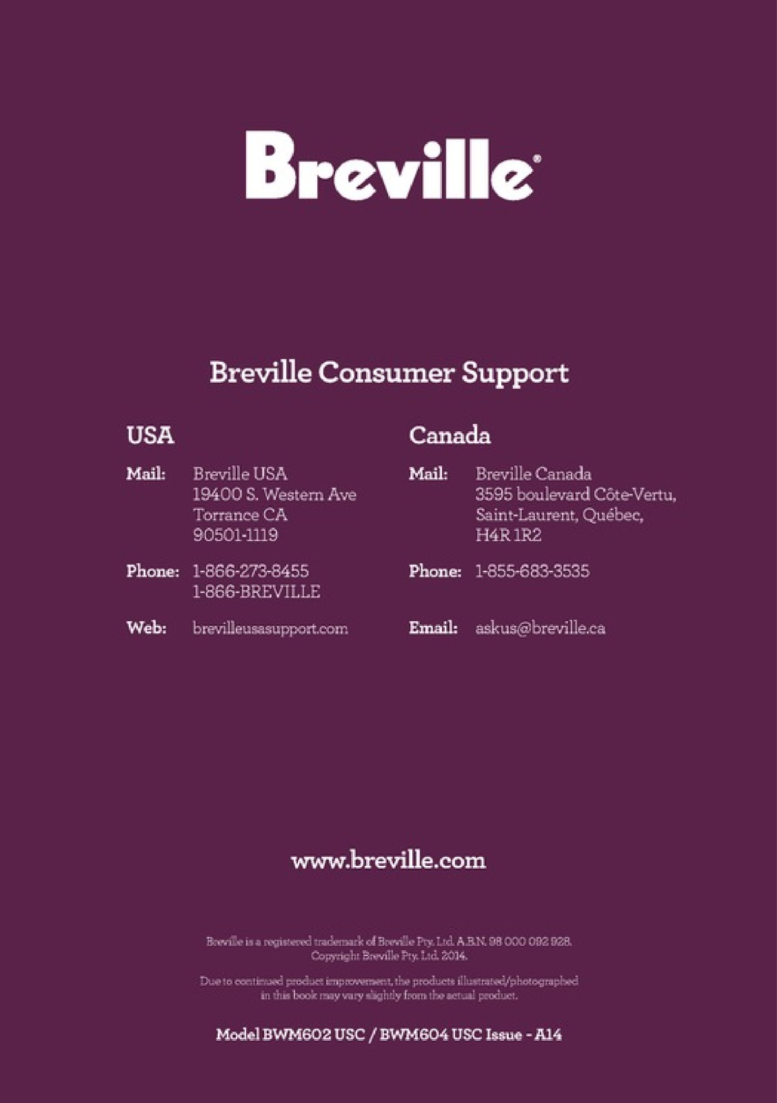 Breville BWM604, BWM602 Instruction Book