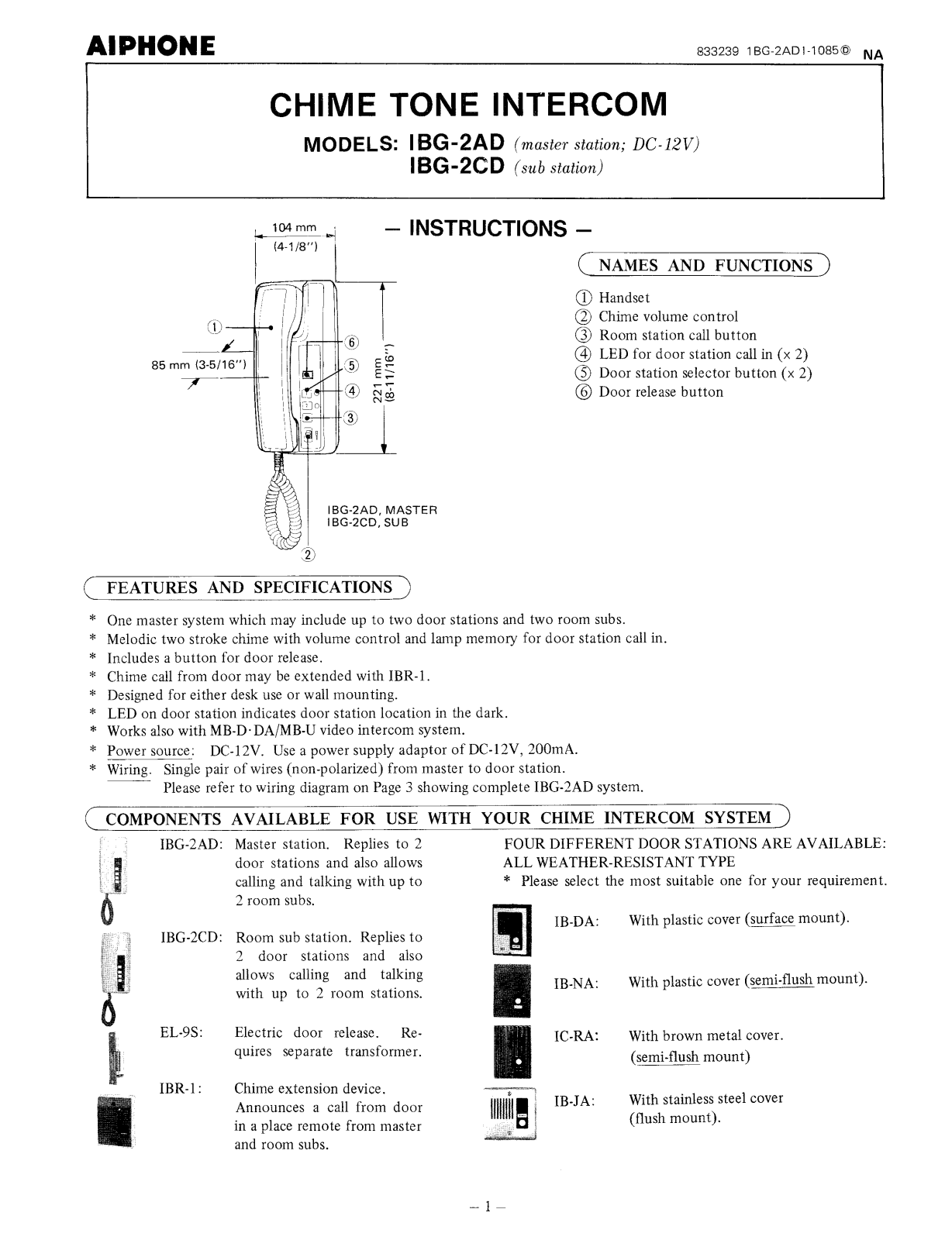 Aiphone IBG-2CD User Manual