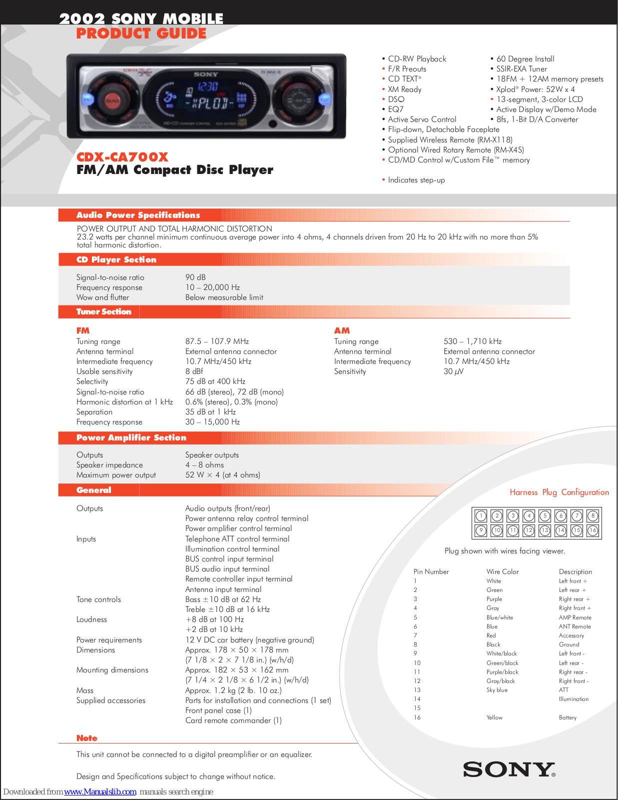 Sony CDX-CA700X Product Guide Specifications - ManualMachine.com